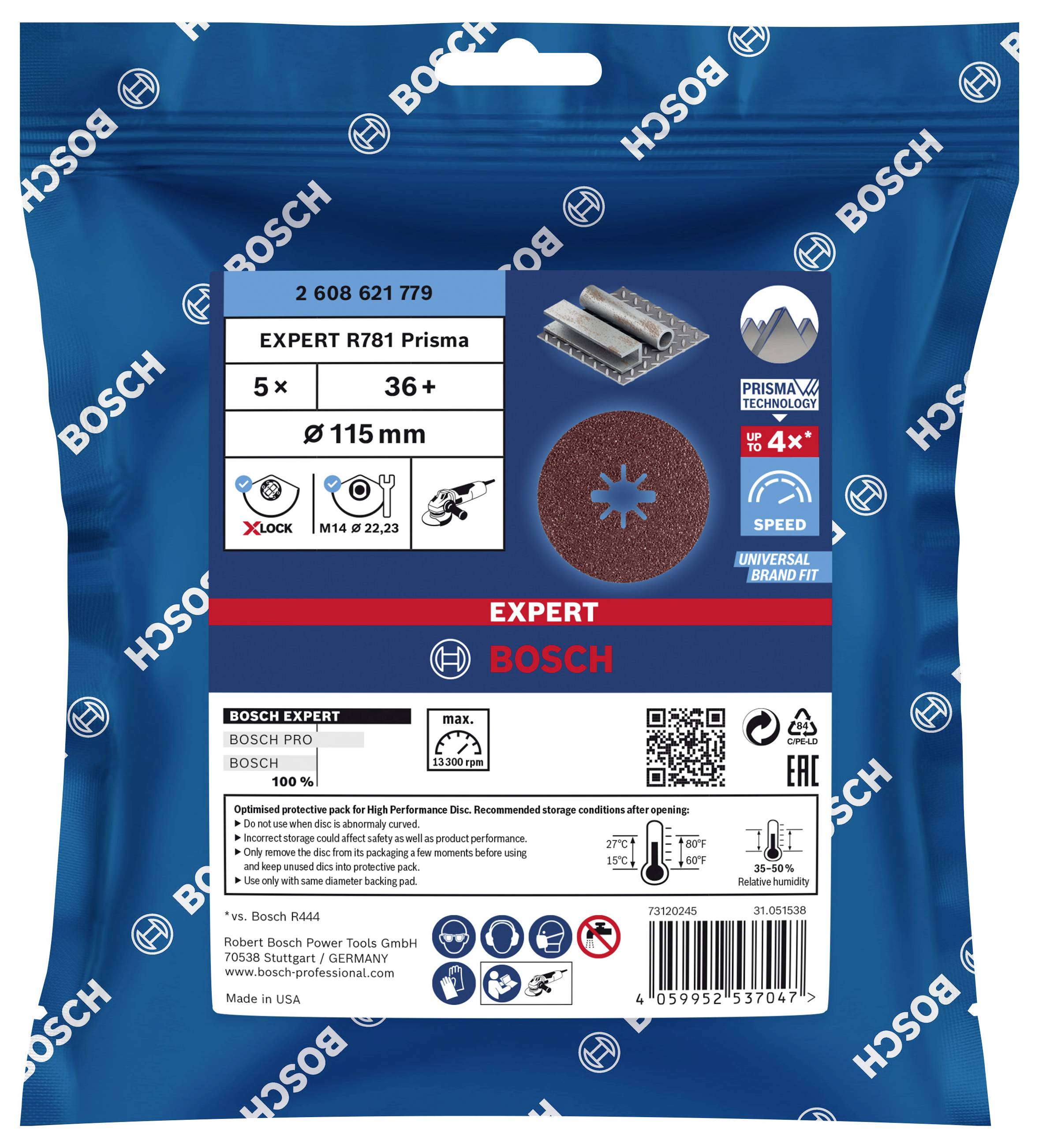 Verpackung eines Schleifscheiben-Sets der Marke Bosch 'EXPERT R781 Prisma', 5 Stück, 115 mm Durchmesser, für Metallmaterialien.
