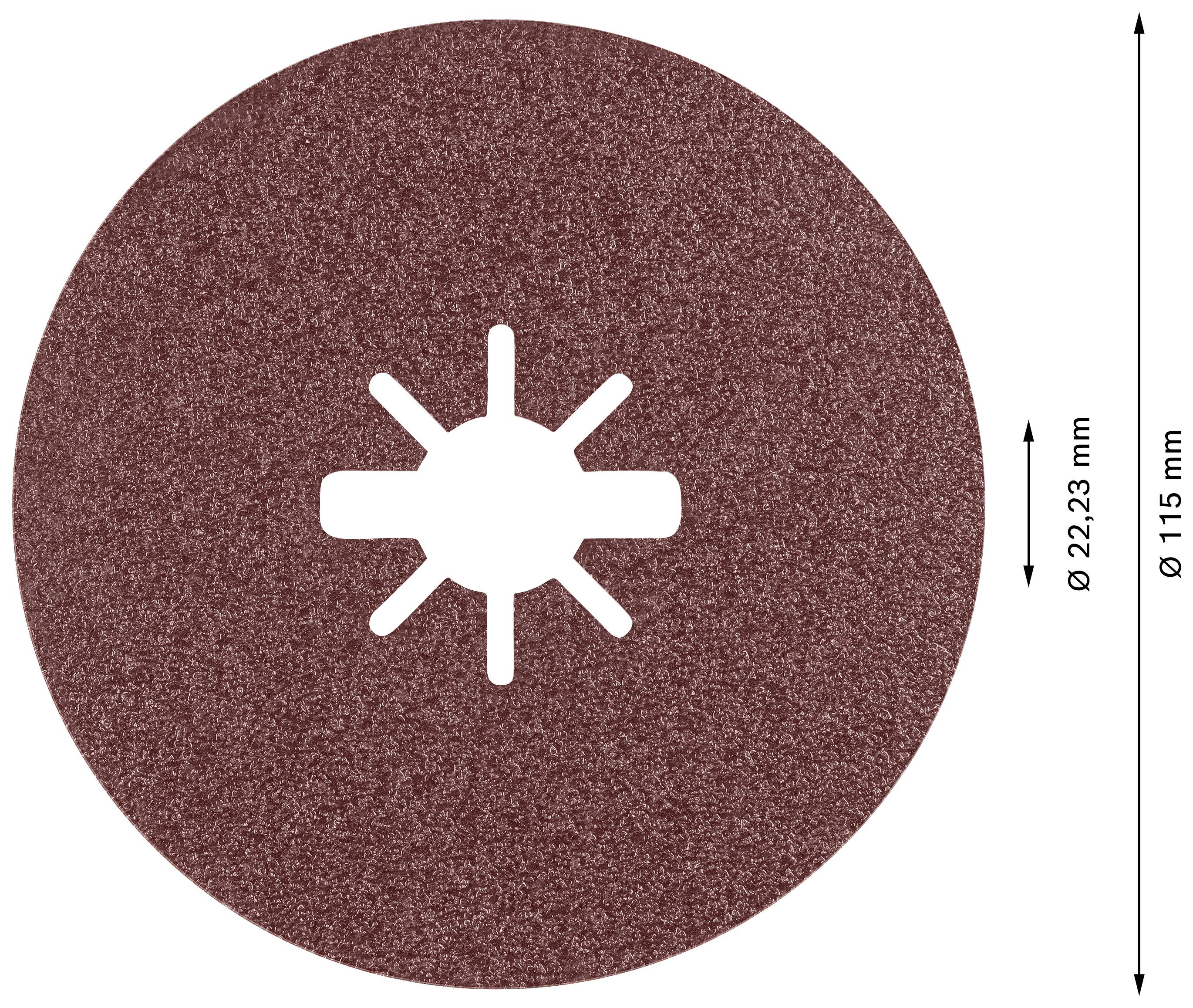 Rundschleifscheibe mit zentralem Loch und sternförmigen Ausschnitten, Durchmesser 115 mm, Lochdurchmesser 22,23 mm.