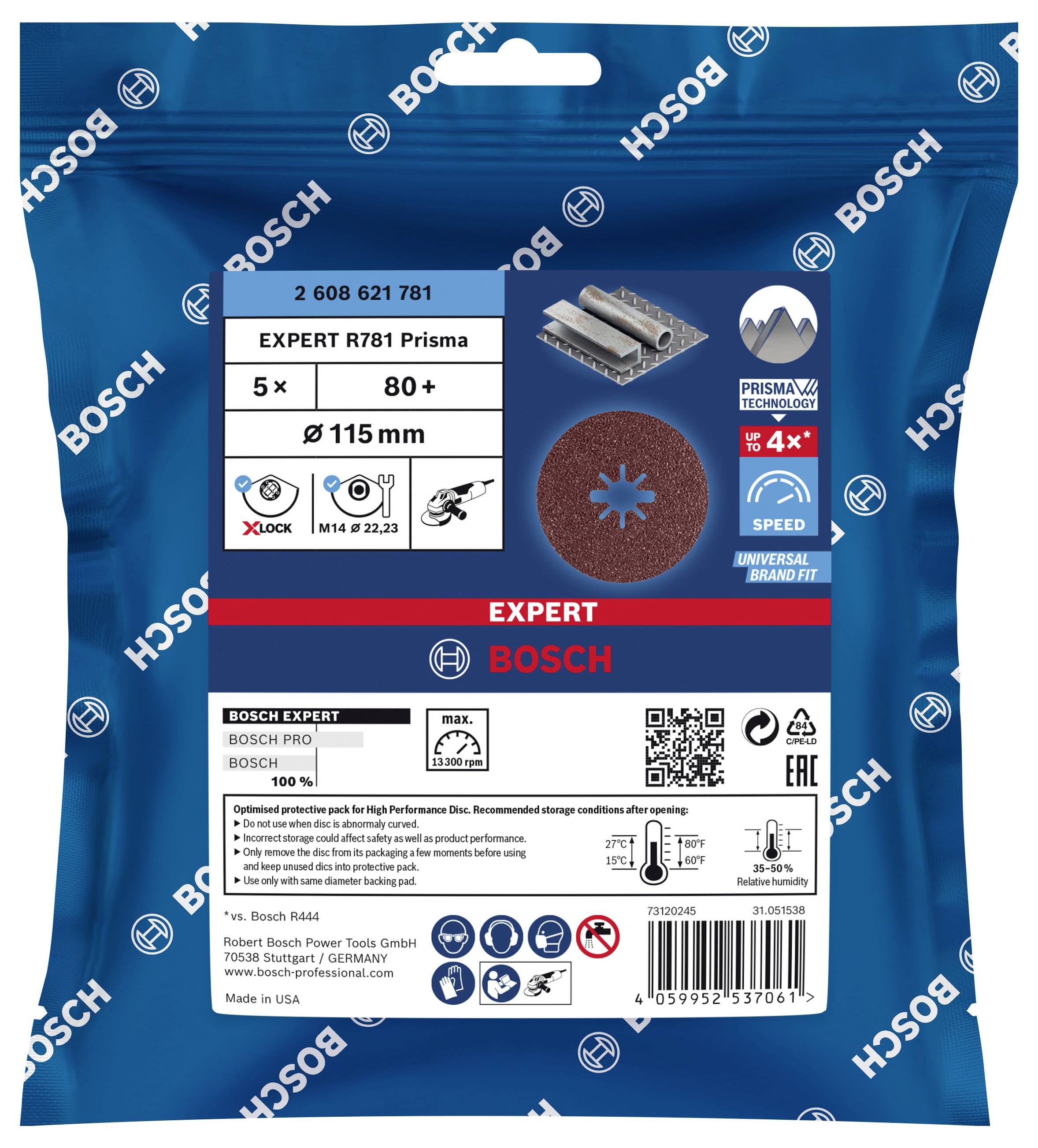 Schleifblätter-Verpackung von Bosch, Modell 'EXPERT R781 Prisma', enthält 5 Stück, 115 mm Durchmesser, Körnung 80+, geeignet für X-LOCK.