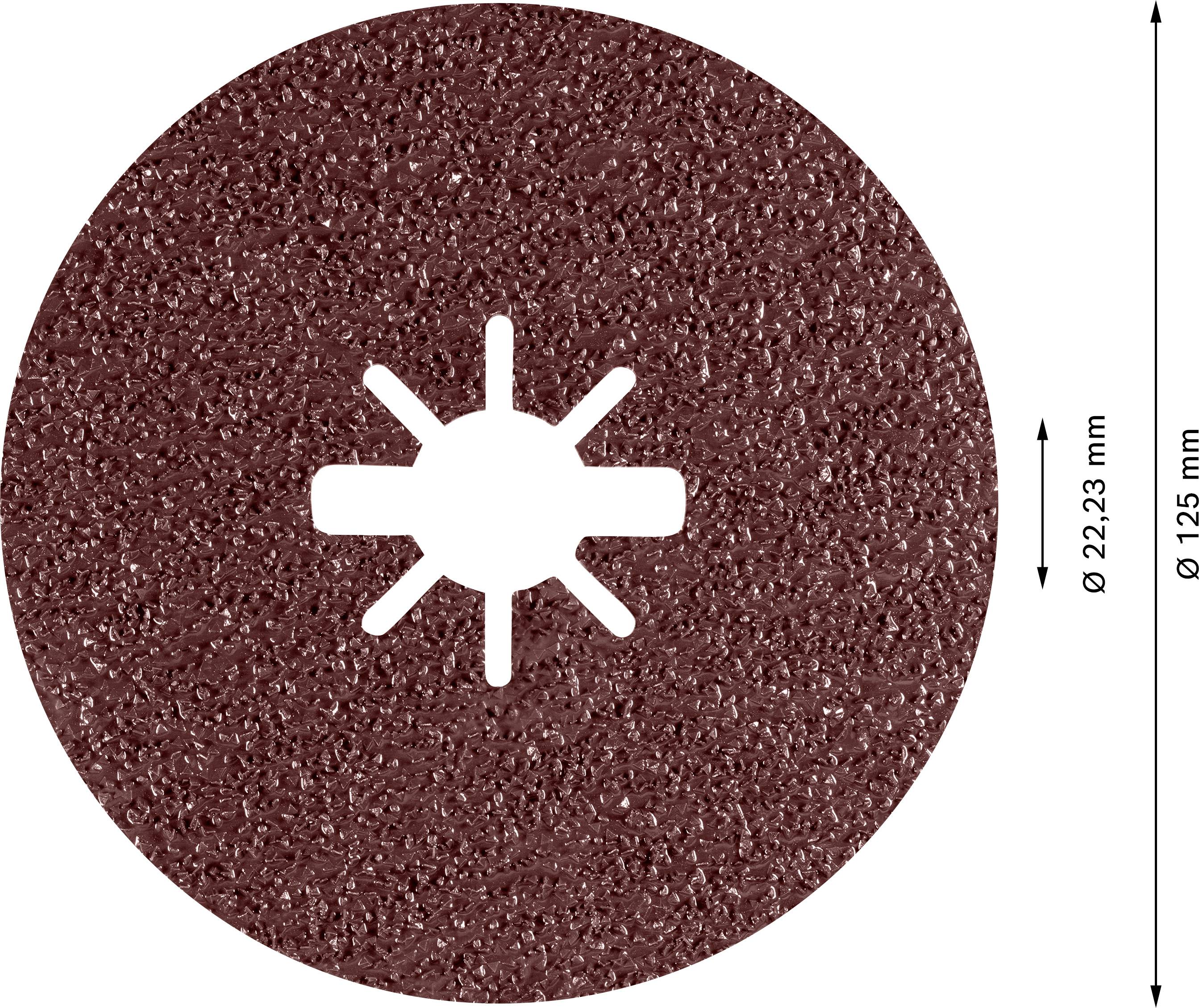 Schleifscheibe aus abrasivem Material, rund mit sechsstrahliger Bohrung, Außendurchmesser 125 mm, Innendurchmesser 22,23 mm.