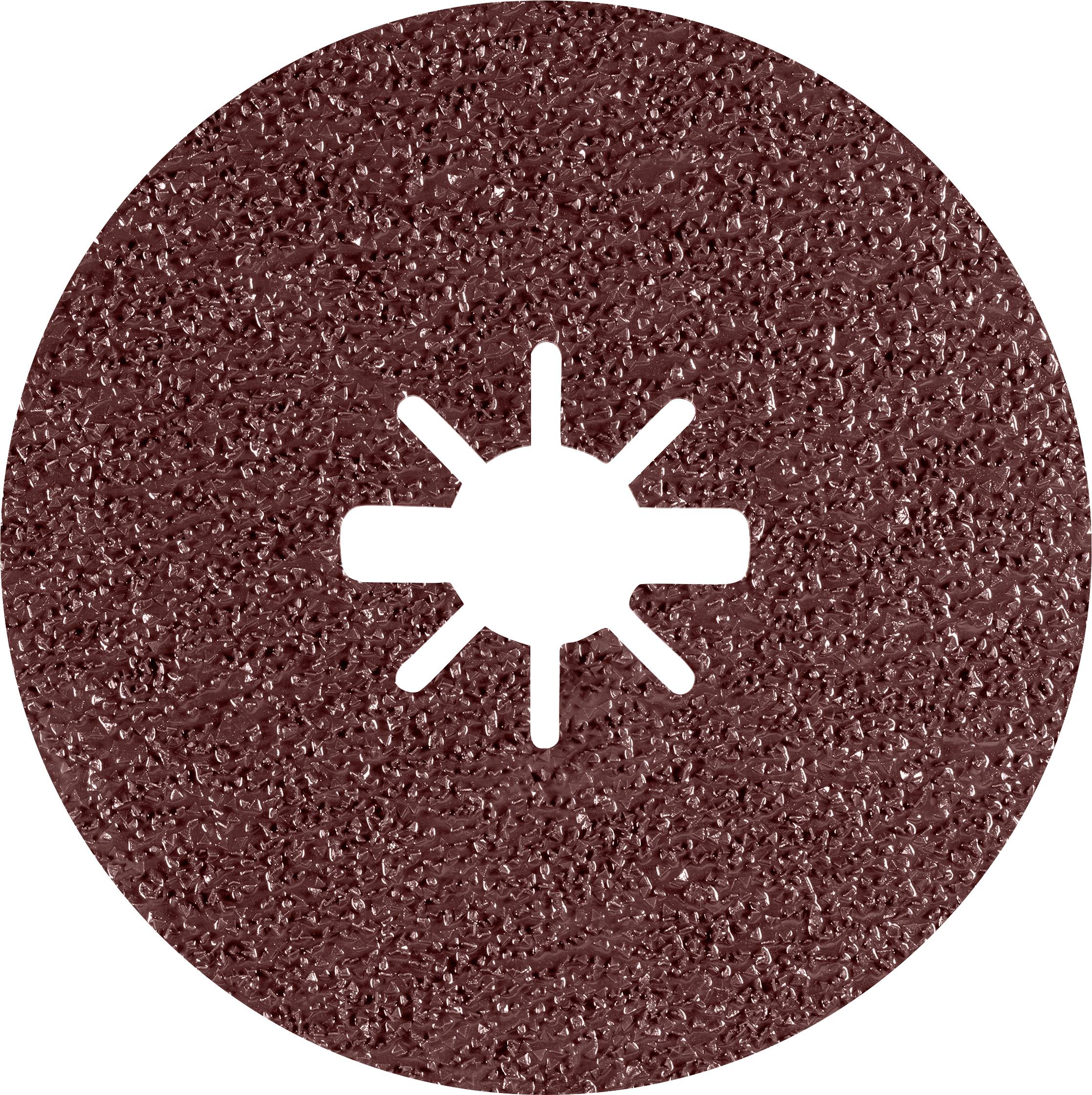 Ein rundes, rot-braunes Schleifrad mit einem sternförmigen, weißen Symbol in der Mitte, symbolisiert eine Abrasivscheibe.