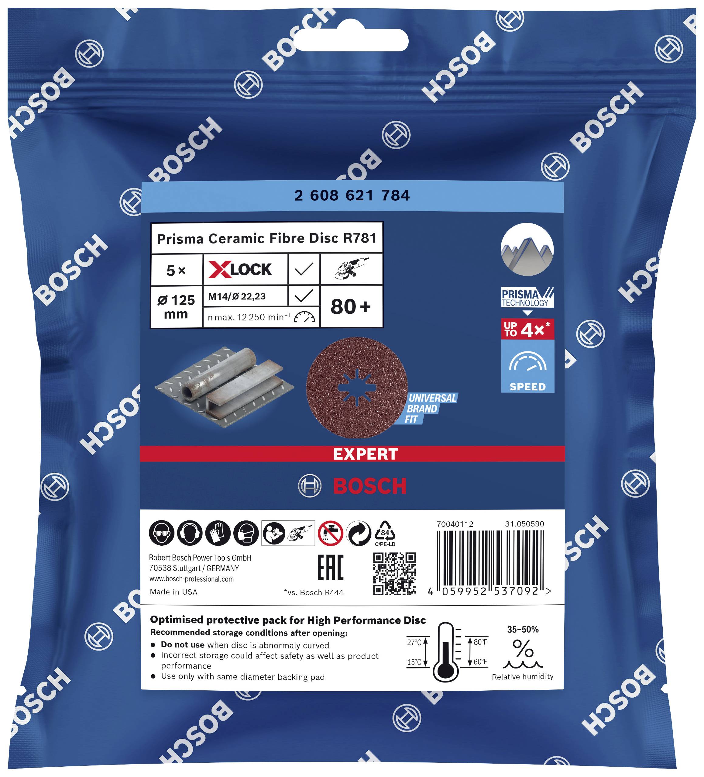 Verpackungsfoto von Bosch, zeigt Keramik-Faserscheiben R781, X-Lock System, 125 mm Durchmesser, Korn 80, geeignet für Metallbearbeitung.