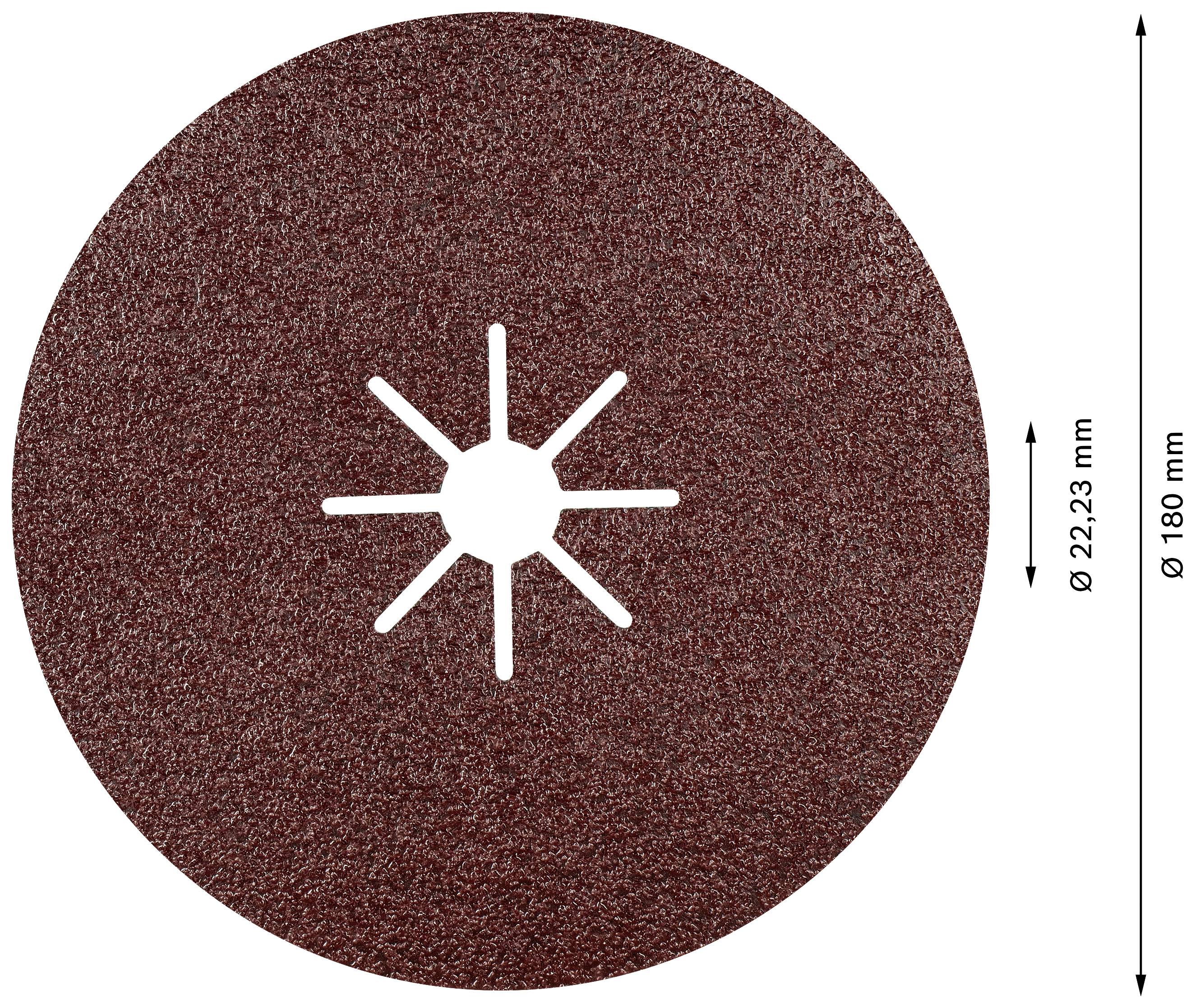 Runde Schleifscheibe mit einem Durchmesser von 180 mm und Loch mit 22,23 mm Durchmesser in der Mitte, rotbraune Oberfläche.