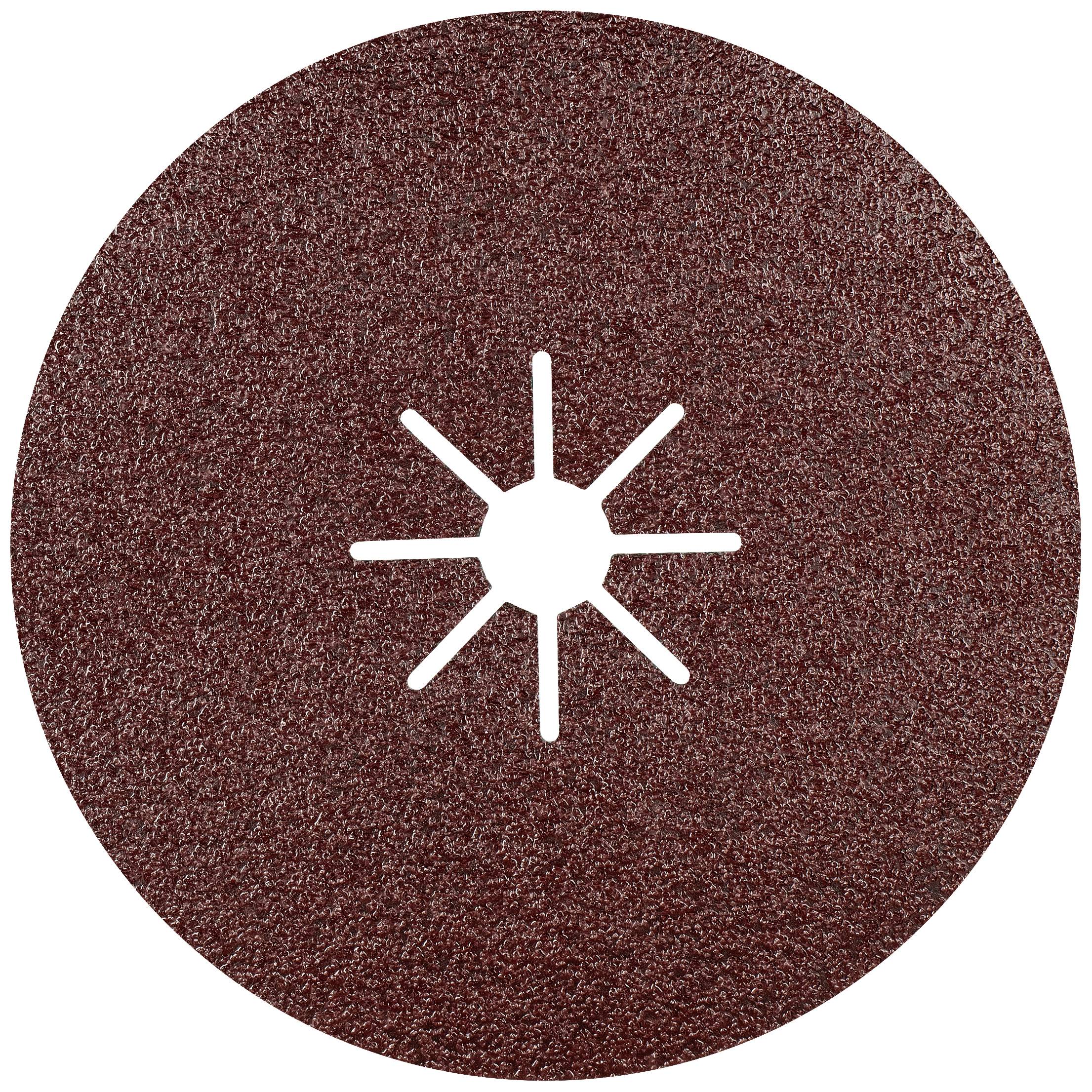 Eine runde, rotbraune Schleifscheibe mit einem sternförmigen Muster in der Mitte, verwendet für das Schleifen von Metallen oder Holz.