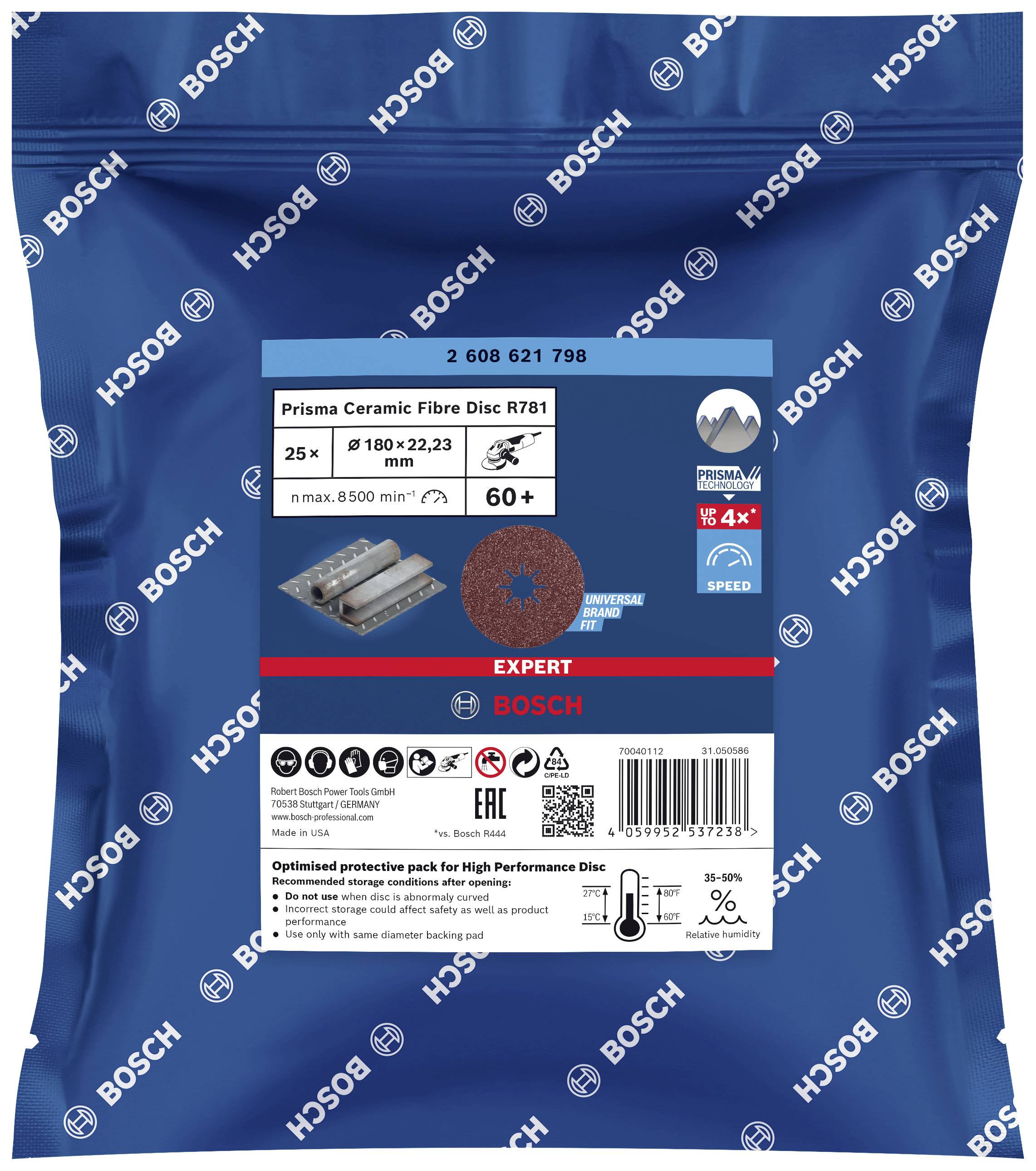 Verpackung mit Bosch Prisma Ceramic Fibre Disc R781, 25 Stück, 180x22,23 mm, 60+, für Expertenschleifen, geeignet für Edelstahl.