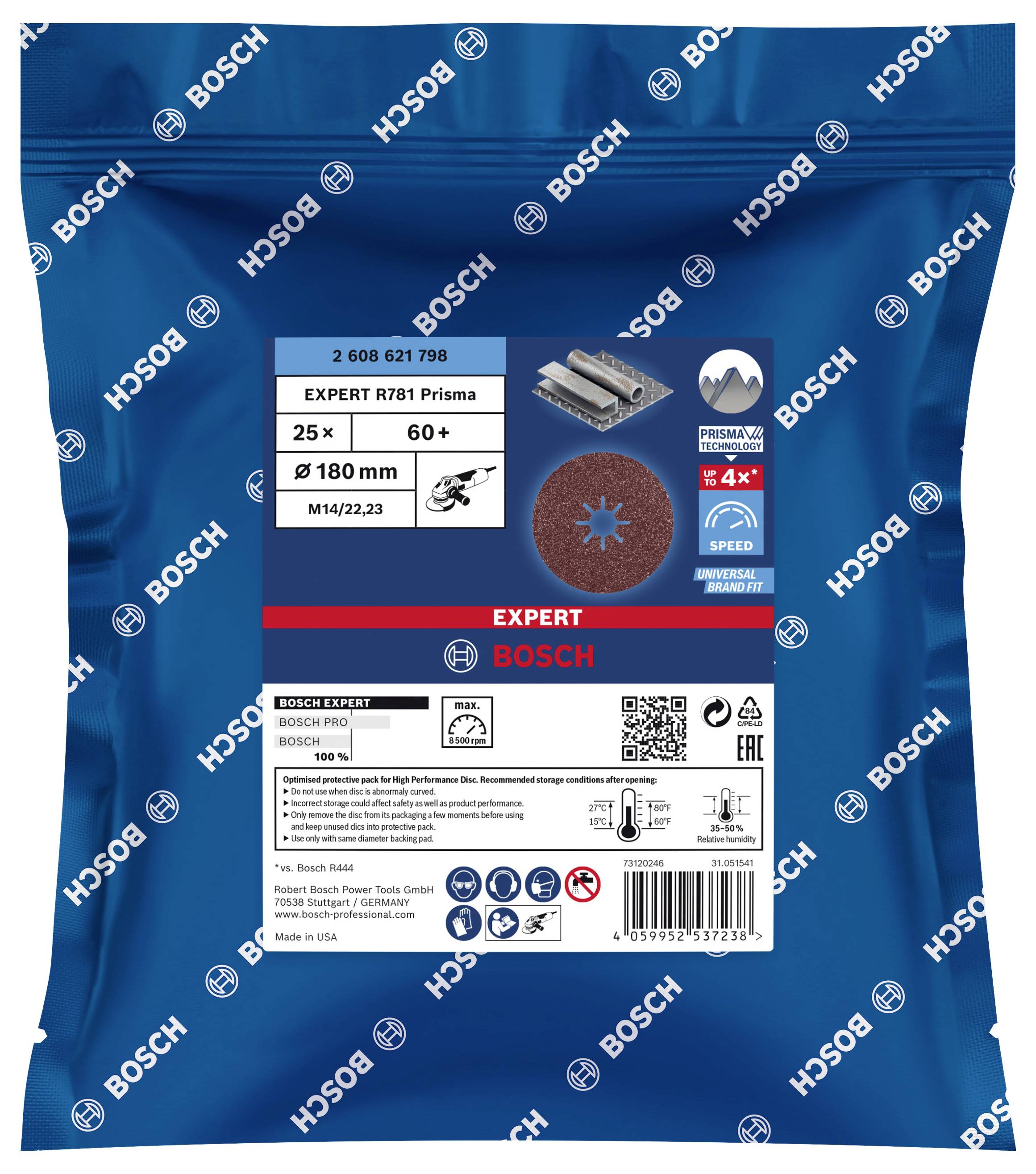 Bosch Expert R781 Prisma Schleifscheibe, 25 Stück, 180 mm, Körnung 60+, geeignet für Metallschleifen, hohe Geschwindigkeit, lange Lebensdauer.