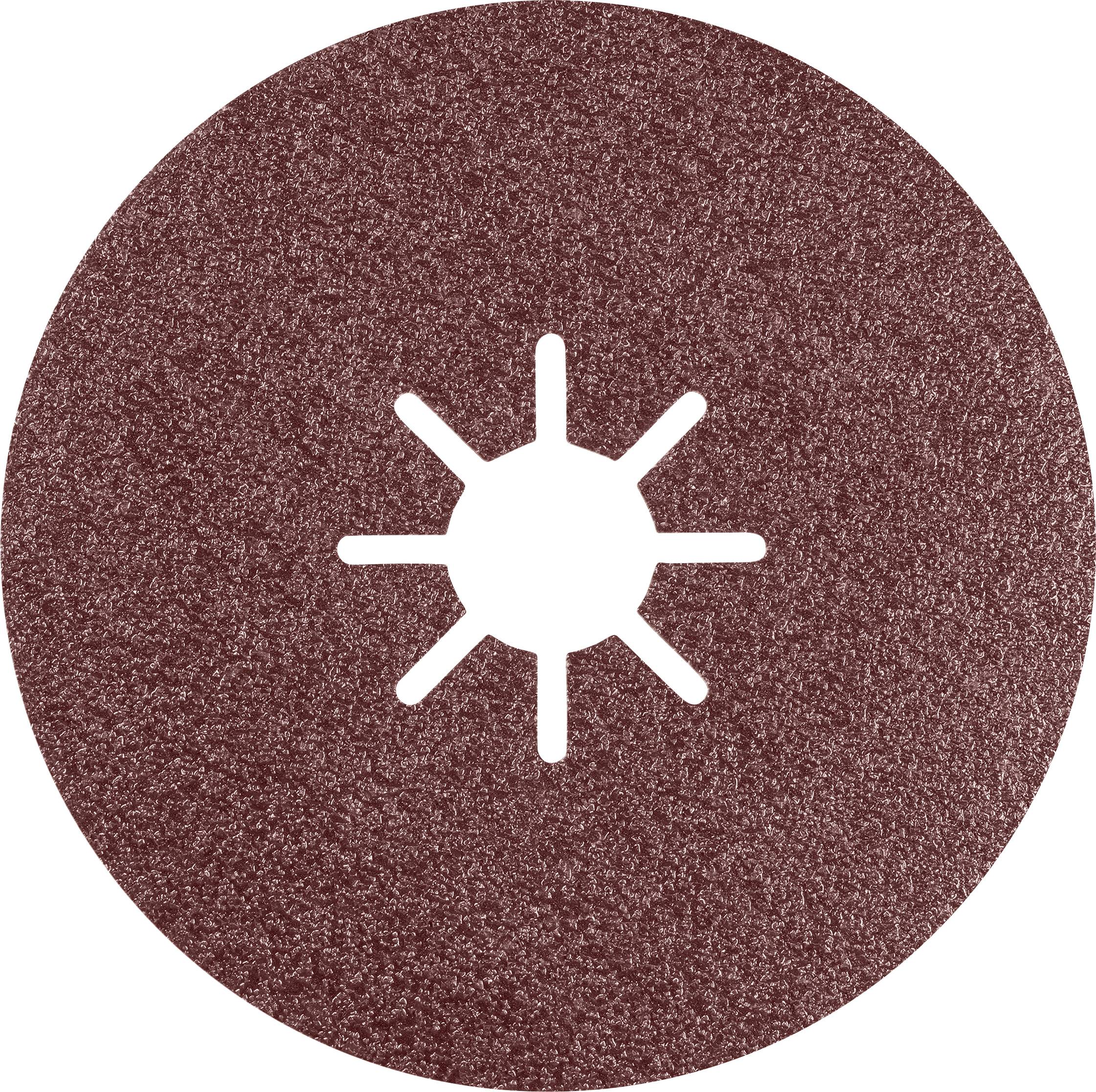 Braune Schleifscheibe mit zentralem Loch und acht strahlenförmigen Schlitzen zur Befestigung auf einem Werkzeug.