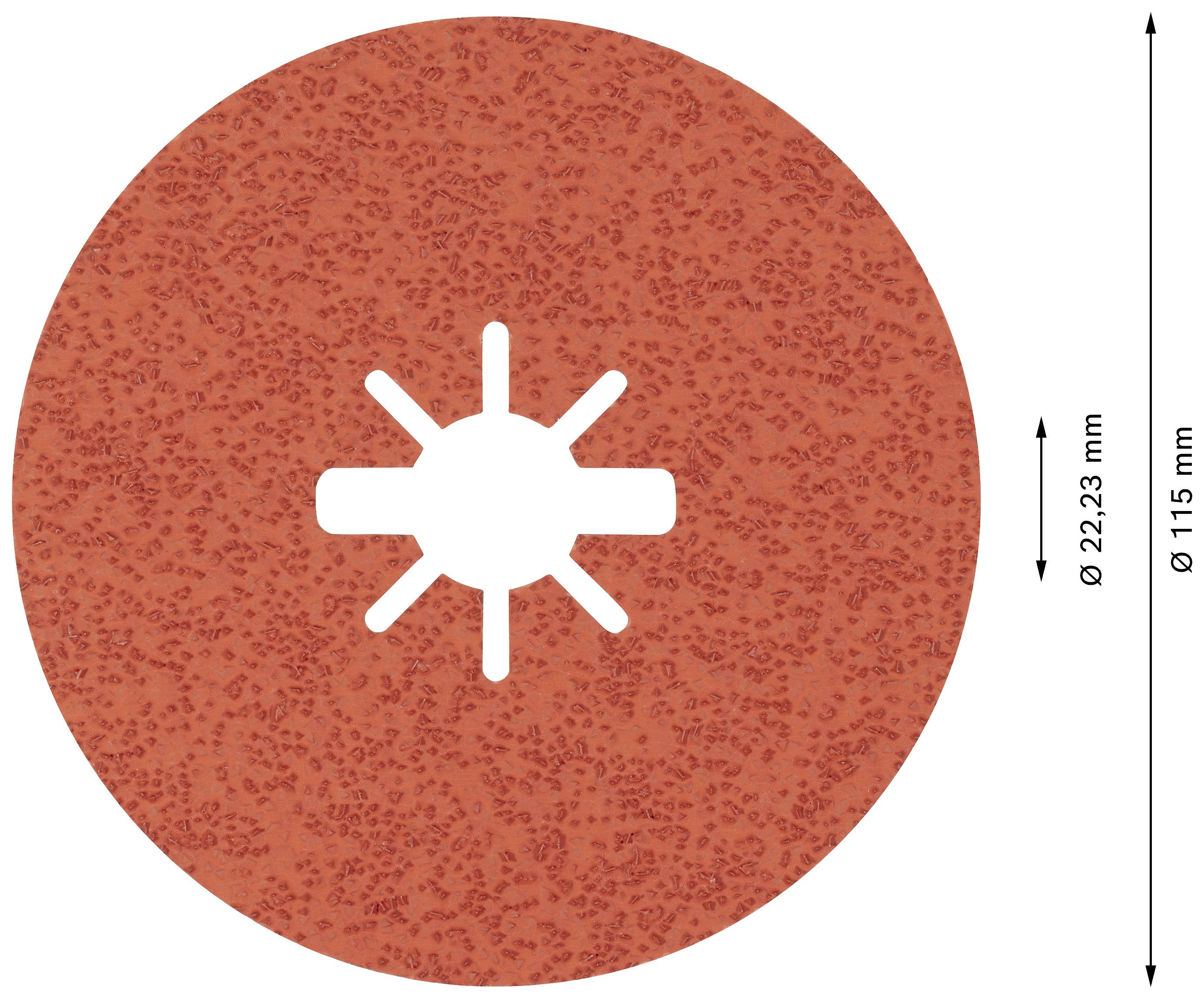 Eine runde, rot-orange Schleifscheibe mit achtstrahligem Loch in der Mitte. Durchmesser der Scheibe: 115 mm, Innenloch: 22,23 mm.