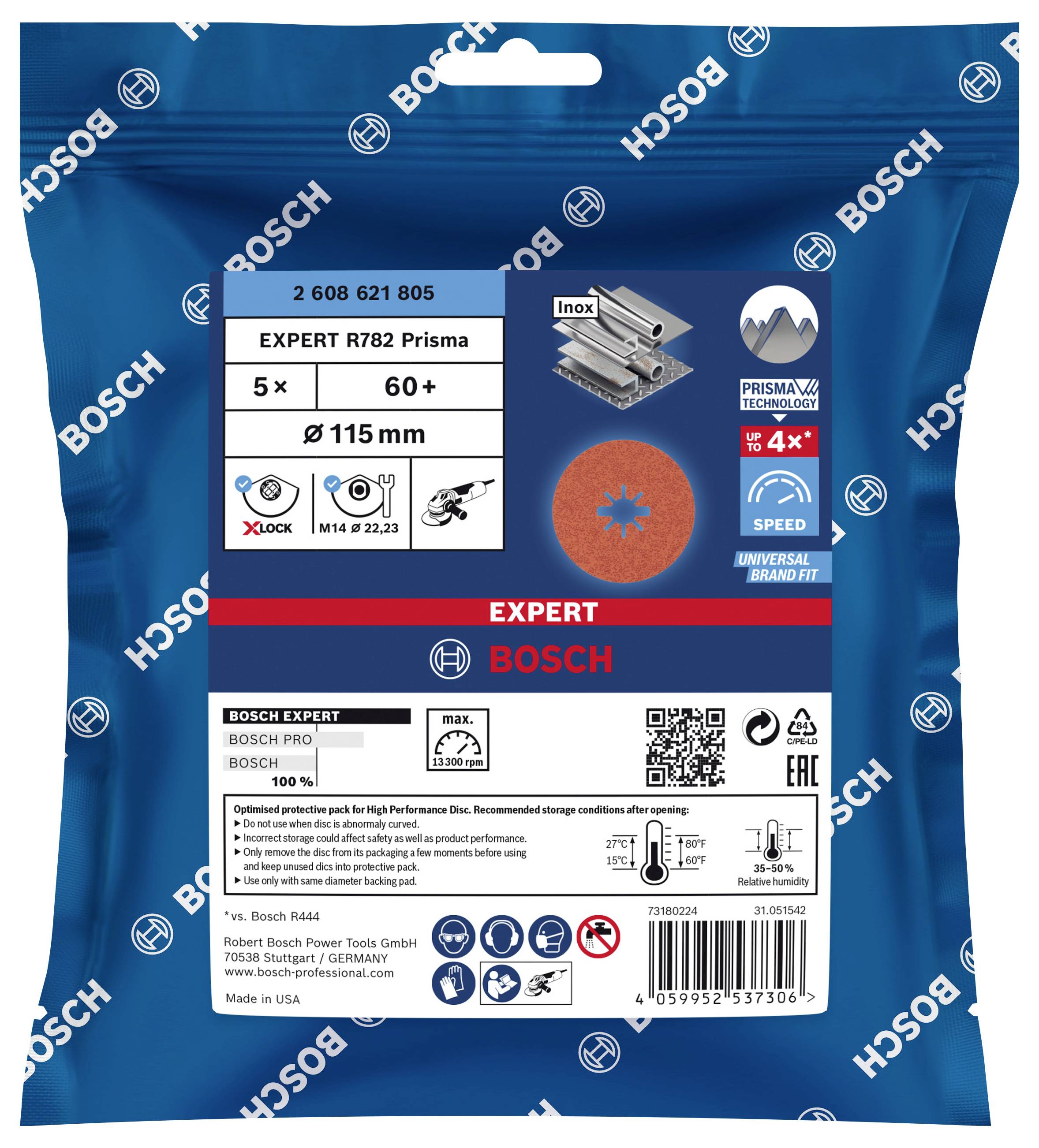 Ein blau verpacktes Schleifscheiben-Set von Bosch: 'EXPERT R782 Prisma', 5 Stück, Ø 115 mm, für Metallbearbeitung mit X-LOCK-System.