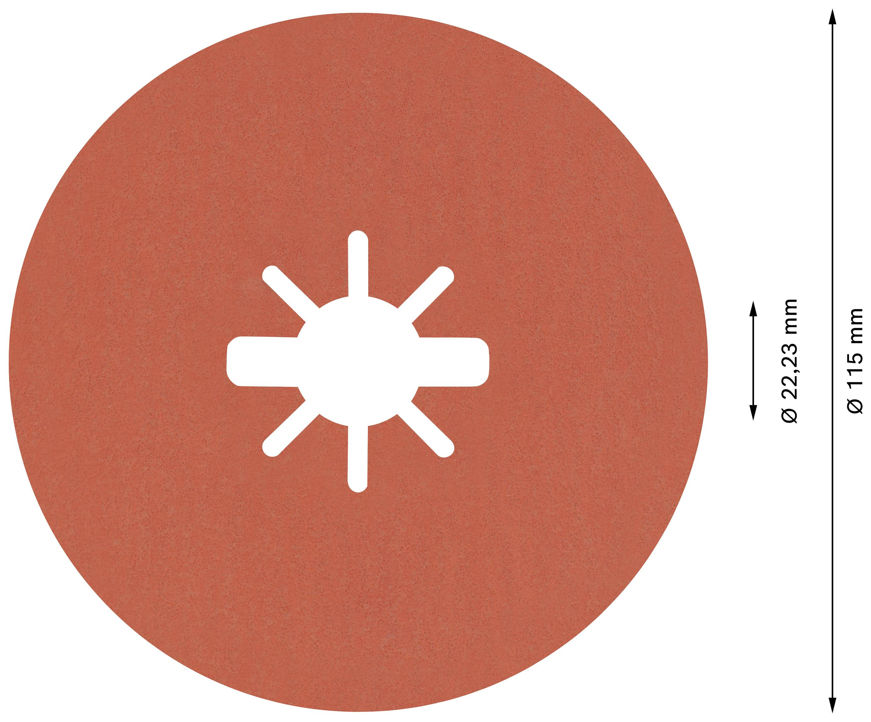 Rotes Schleifpapier mit einem weißen Symbol in der Mitte, ähnlich einem stilisierten Rad. Durchmesser 115 mm, Symbolgröße 22,23 mm.