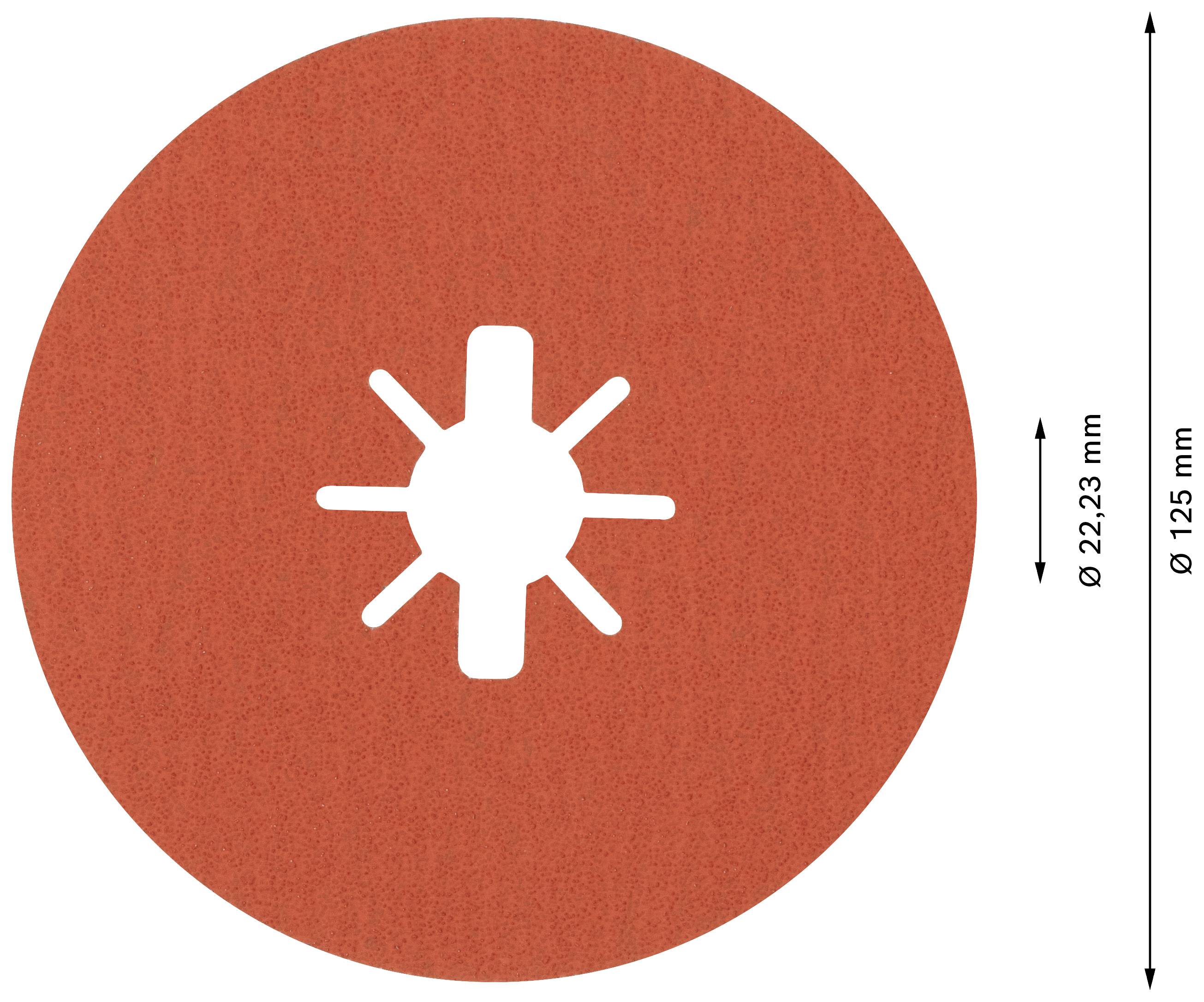 Rundes, oranges Schleifpapier mit einem Durchmesser von 125 mm und einem Loch in der Mitte, 22,23 mm groß.