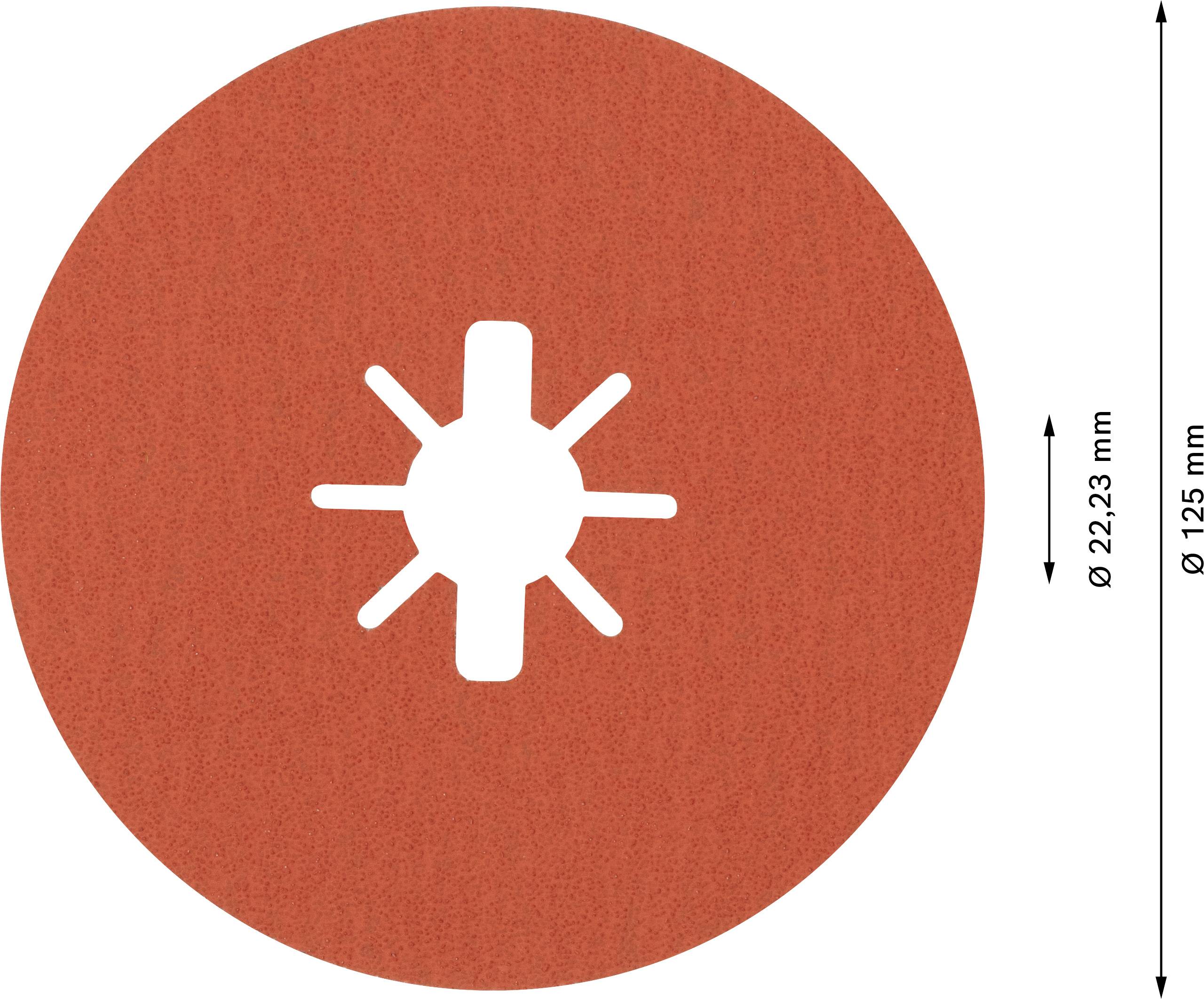 Rote Schleifscheibe mit sternförmiger Öffnung in der Mitte, Durchmesser 125 mm.