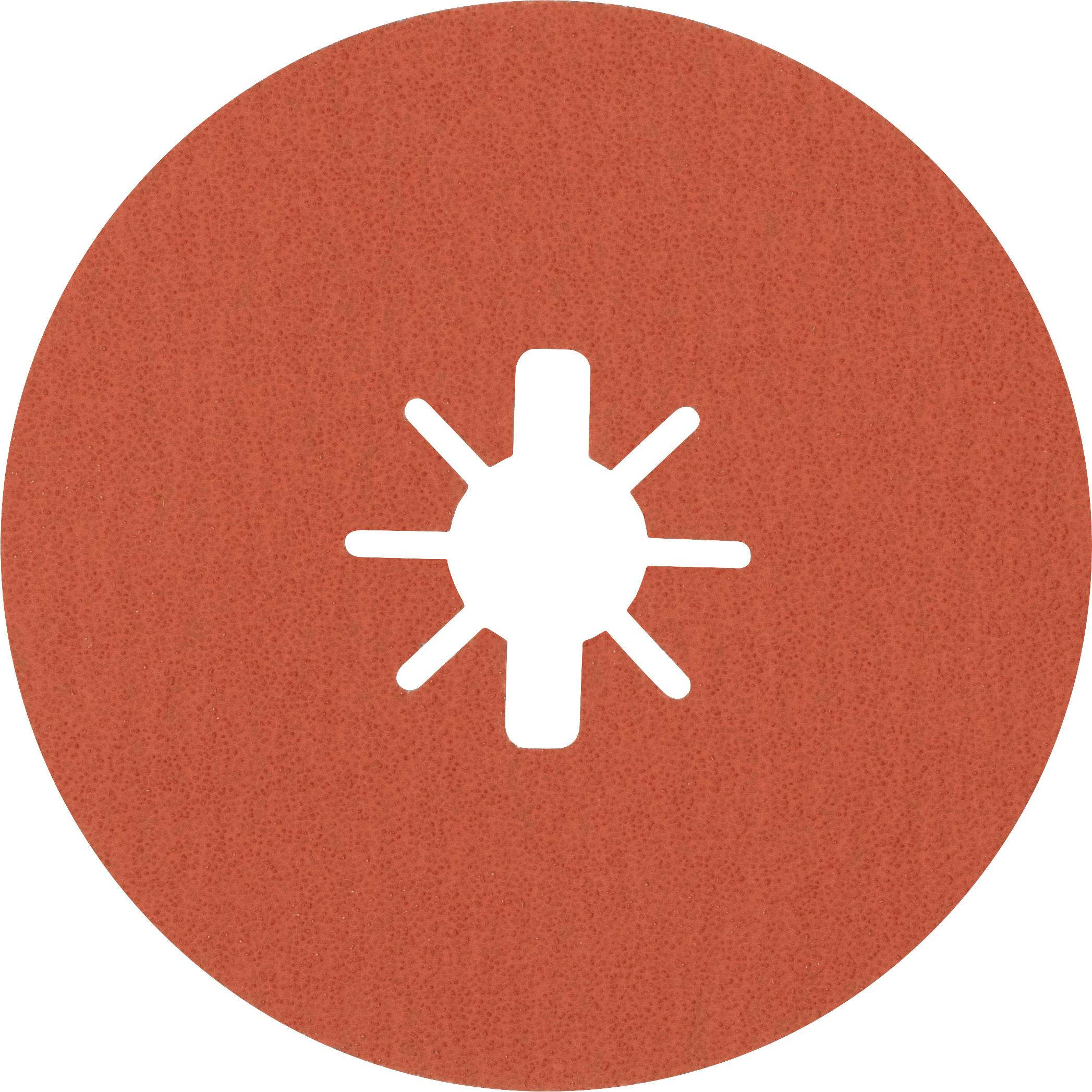 Ein rotes rundes Schleifpapier mit einem Loch in der Mitte und mehreren radialen Schlitzen. Geeignet für elektrische Schleifmaschinen.