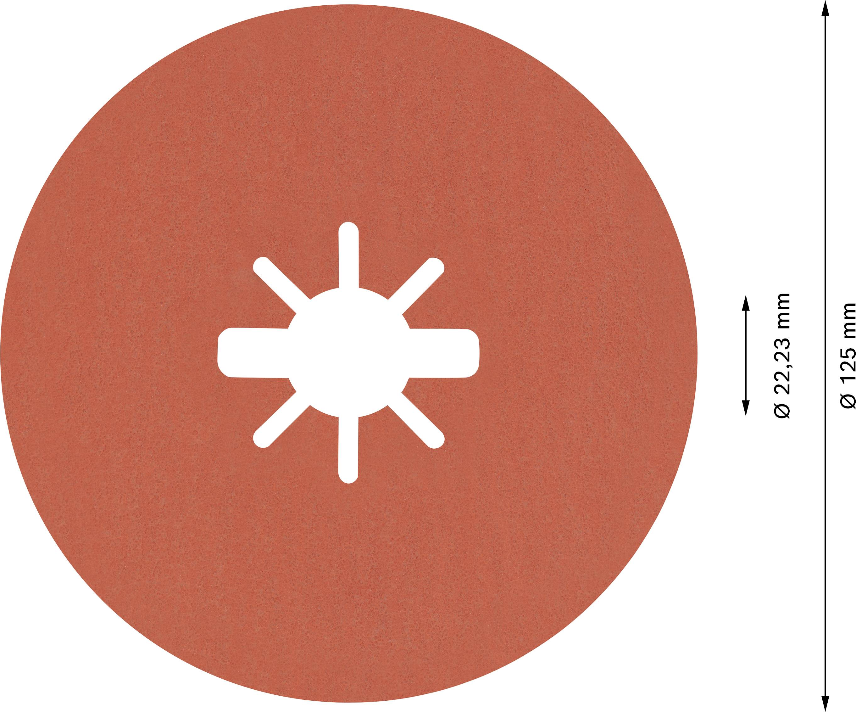Ein rotes Zeichen mit weißem Symbol in der Mitte, das Strahlen darstellt. Der Durchmesser beträgt 125 mm und die zentrale Breite 22,23 mm.