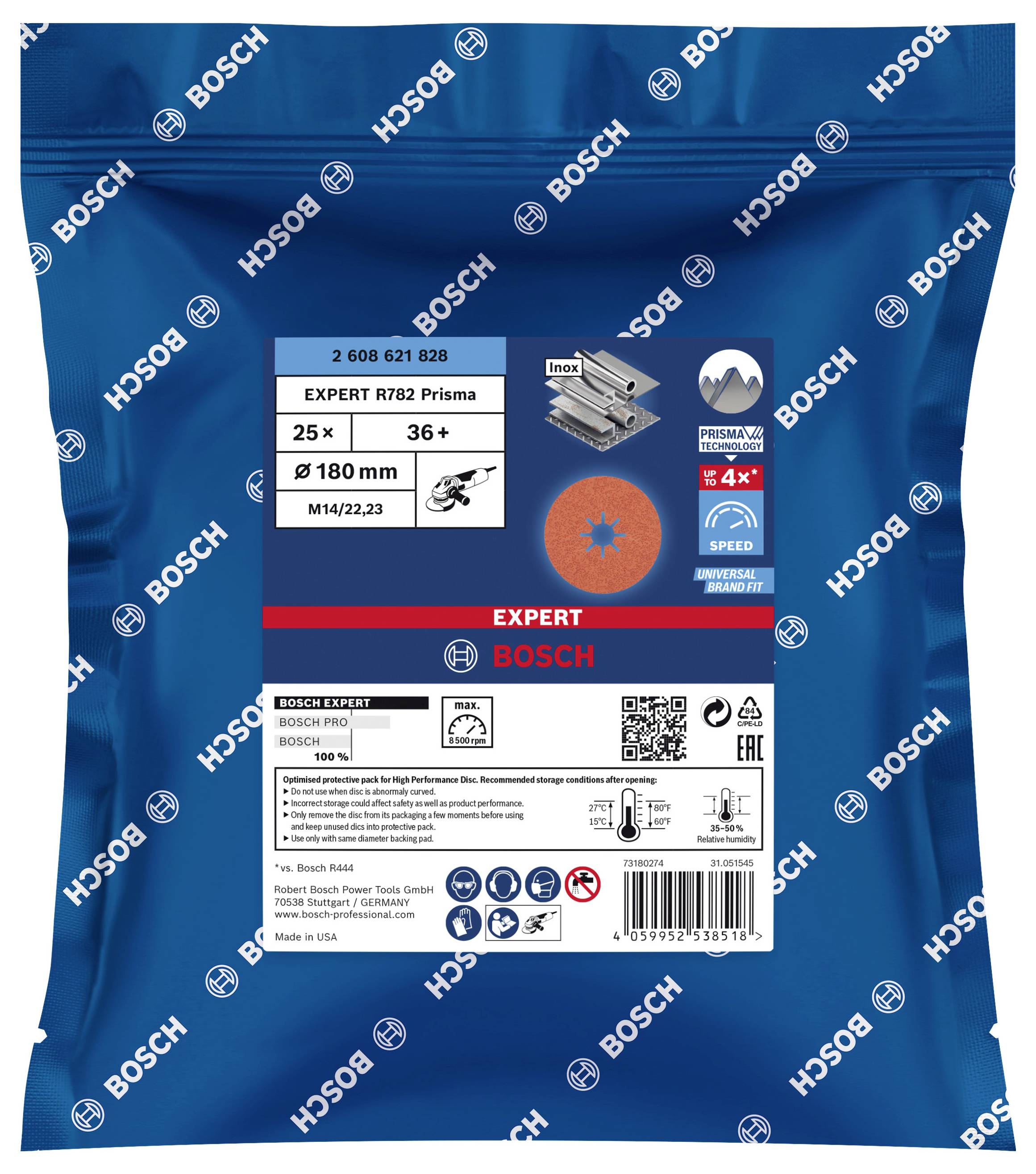 Blaues Bosch-Produktpaket mit Schleifscheibe-Bild und technischen Details; geeignet für Metallbearbeitung, 25 Stück, 180 mm.
