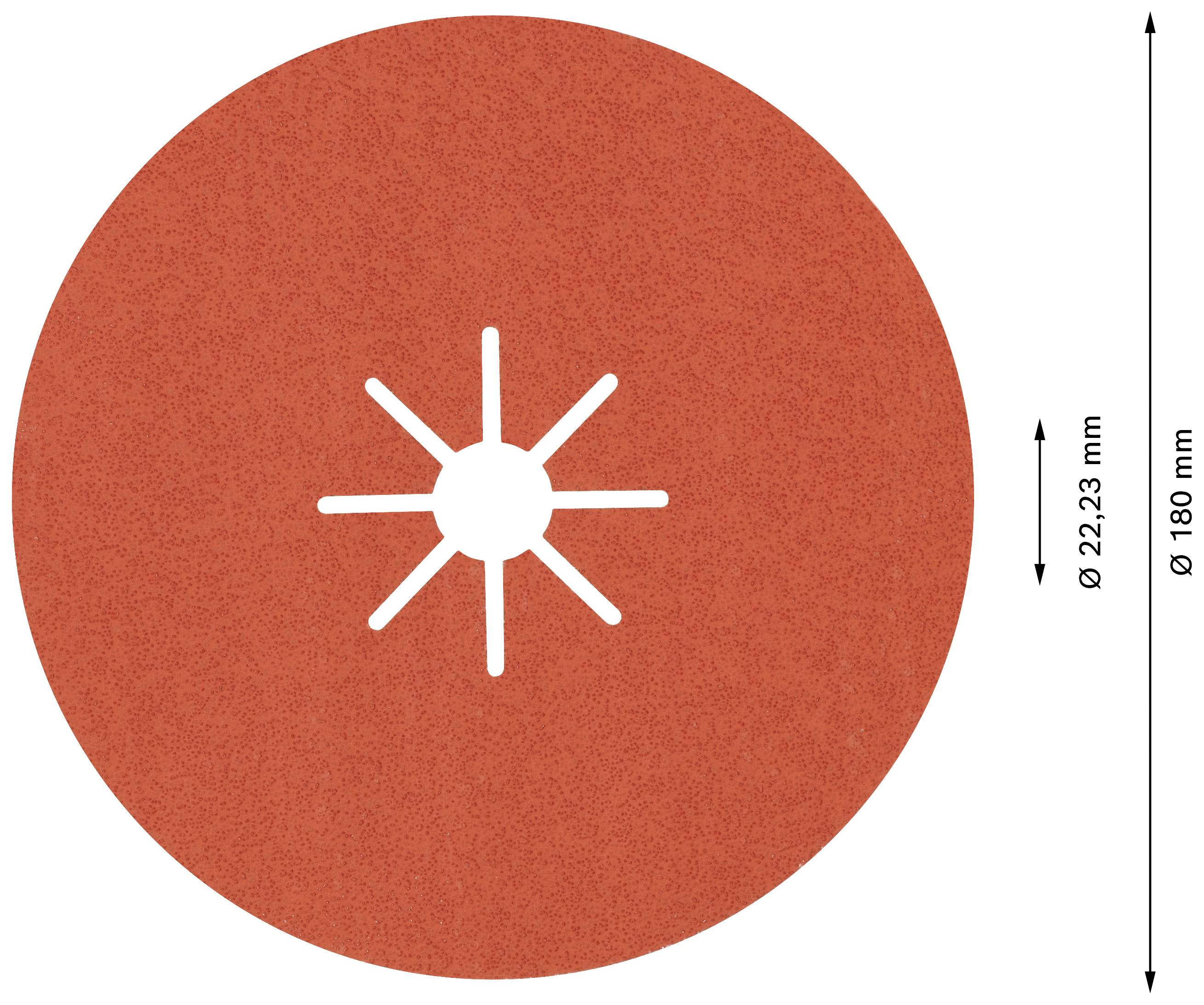 Rote Schleifscheibe mit einem Durchmesser von 180 mm und einem inneren Kreis von 22,23 mm. Sechs weiße Linien strahlen vom Zentrum aus.