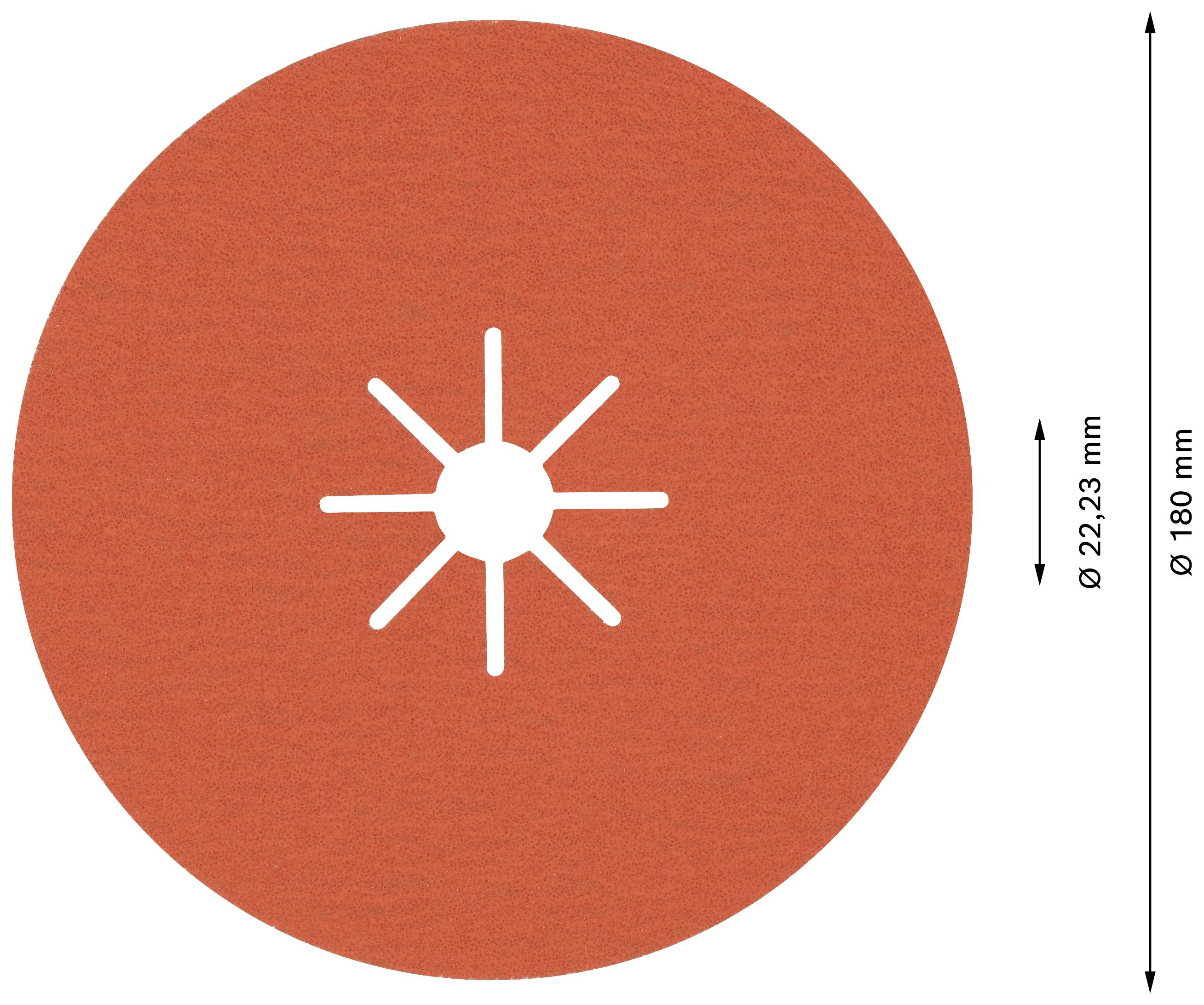 Ein oranger Rundschleifpapierbogen mit einem Durchmesser von 180 mm und einem zentralen Entlüftungsloch-Design mit neun radial verlaufenden Öffnungen.