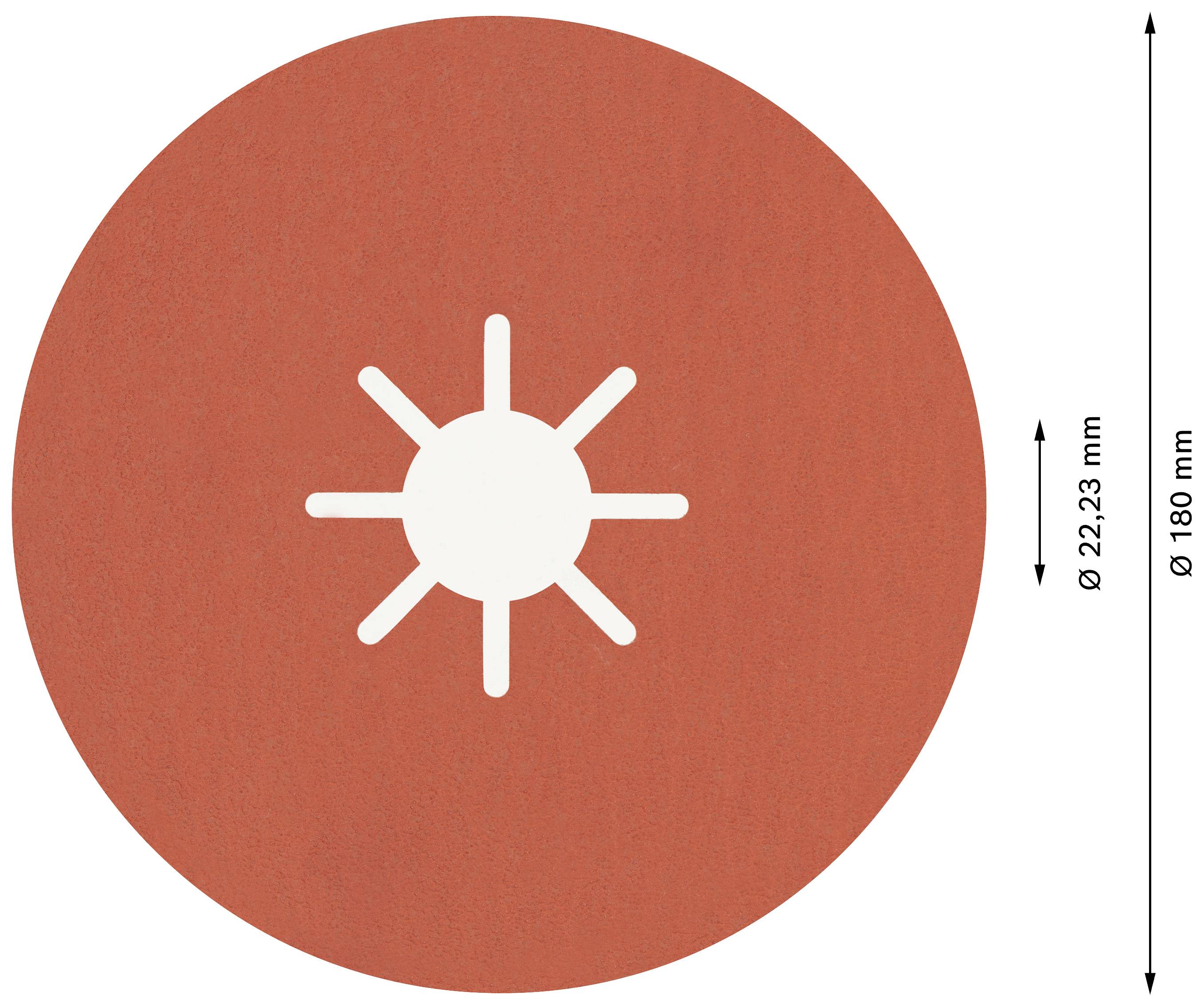Rotes rundes Schleifwerkzeug mit weißem Zentrum und sternförmigem Muster, Durchmesser: 180 mm, Stern: Ø 22,23 mm.