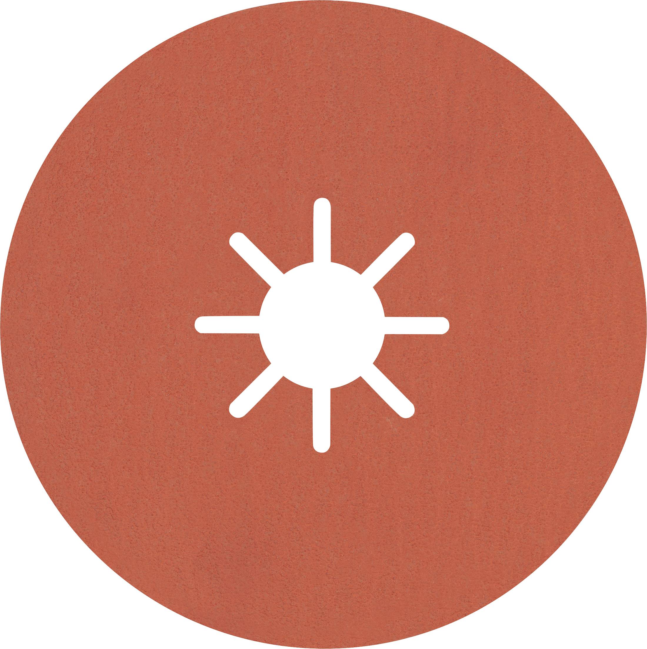 Ein weißes Sonnensymbol auf einem roten, kreisförmigen Hintergrund.