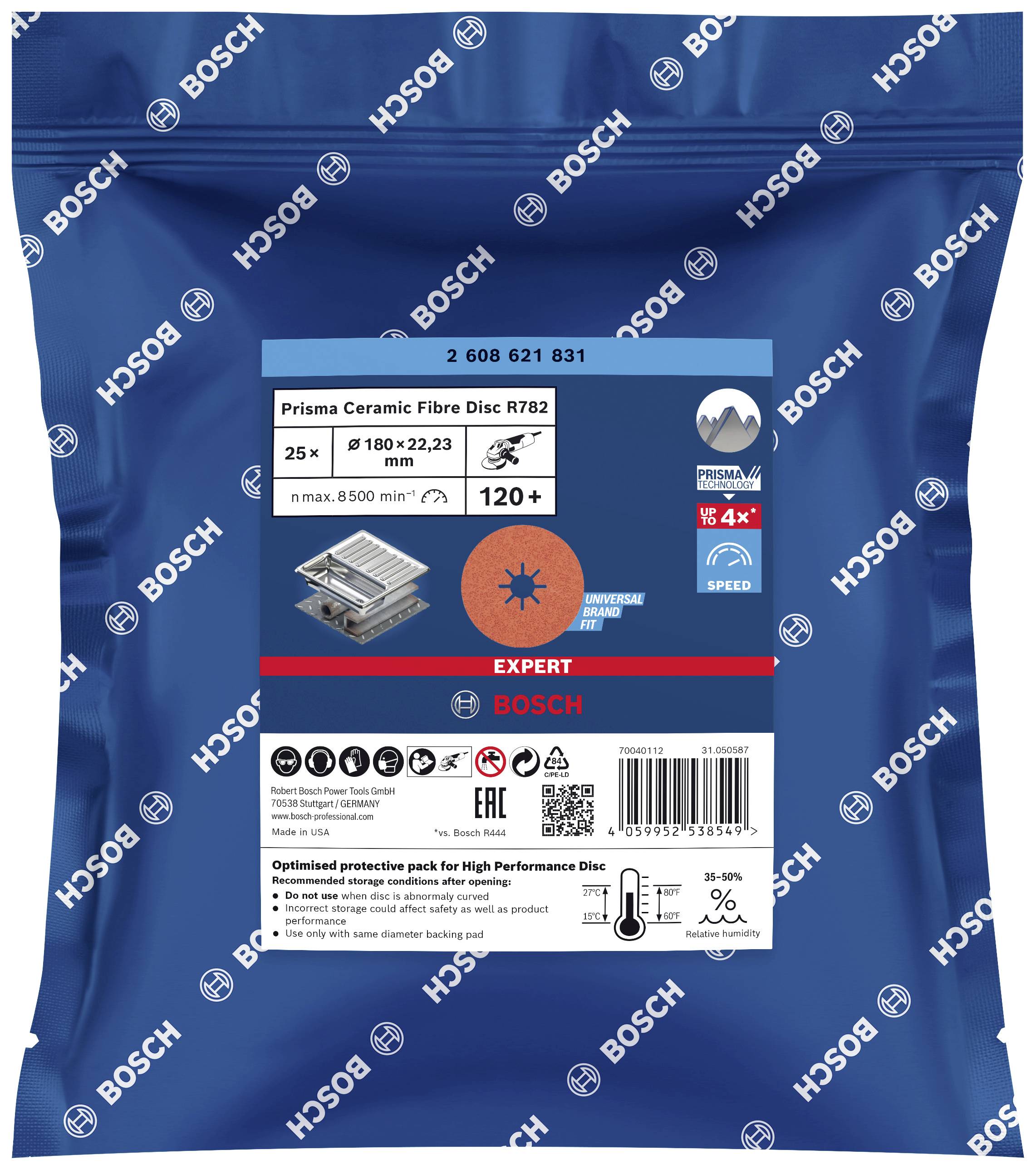 Bosch Verpackung für Prisma Ceramic Fibre Disc R782, 25 Stück, Ø180 mm, 120+ Körnung. Eignet sich für leistungsstarke Polierarbeiten.