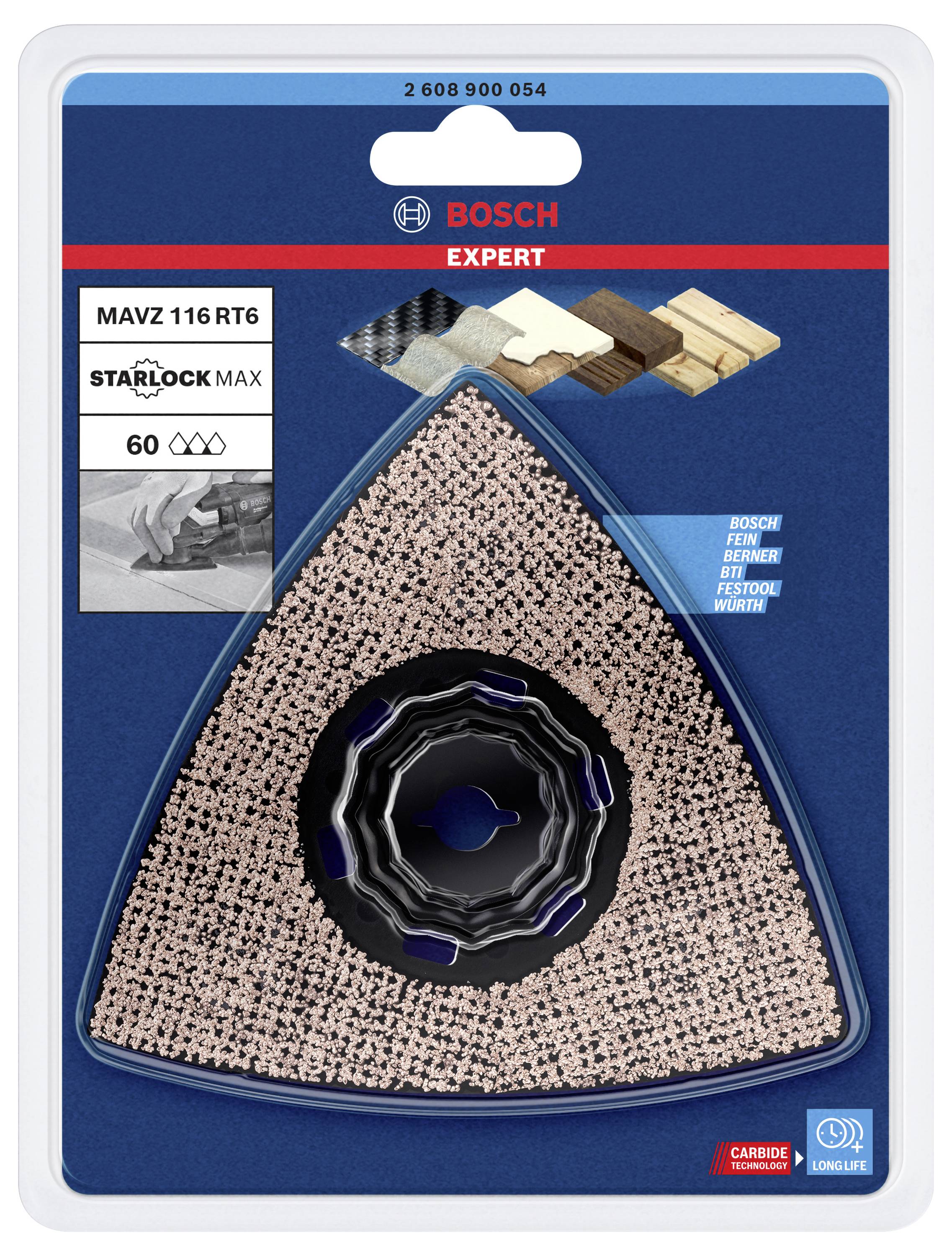 Dreieckiger Schleifkopf Bosch Expert MAVZ 116 RT6, passend für Holz und Metall, Starlock MAX, Korn 60, in Blisterverpackung.