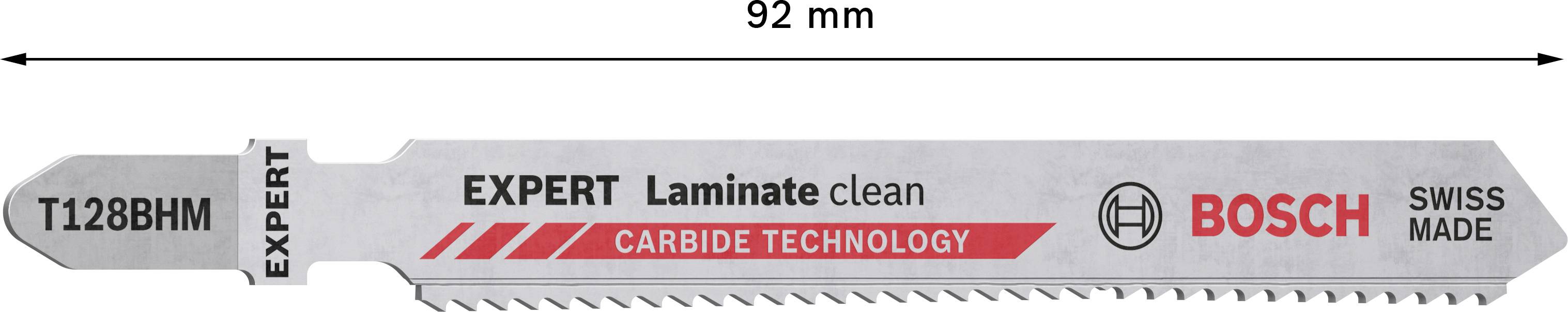 Metallsägeblatt von Bosch, Modell 'T128BHM', 92 mm lang, für Laminat und aus Hartmetall gefertigt. Aufschrift: 'EXPERT Laminate clean'.