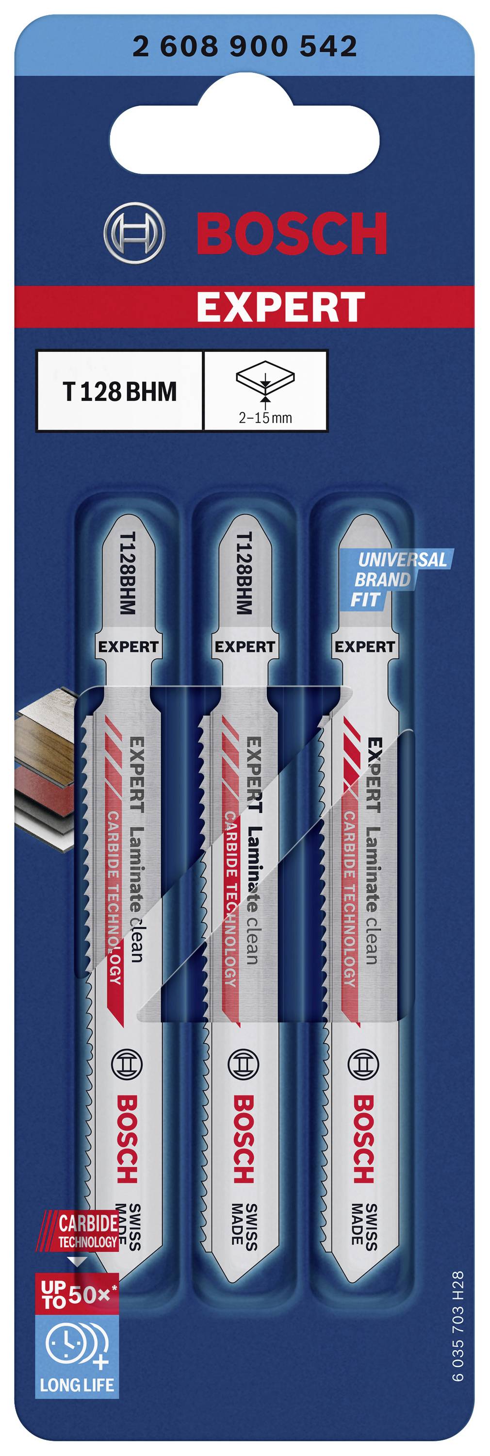 Ein Set von drei Bosch Expert Sägeblättern, T 128 BHM, geeignet zum Schneiden von Laminat und hartem Holz. Verpackung in Blau.