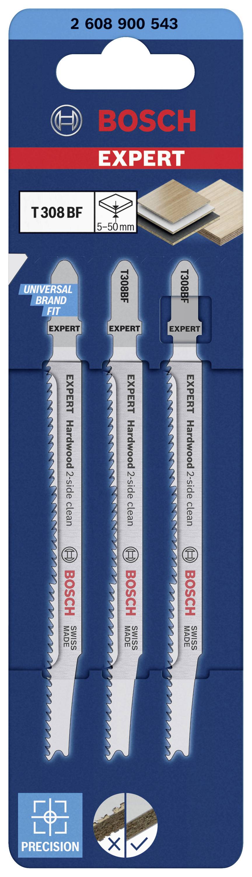 Drei Bosch Stichsägeblätter für präzises Schneiden in Holz und Laminat, Design 'EXPERT', 2 608 900 543, Packung blau und weiß.