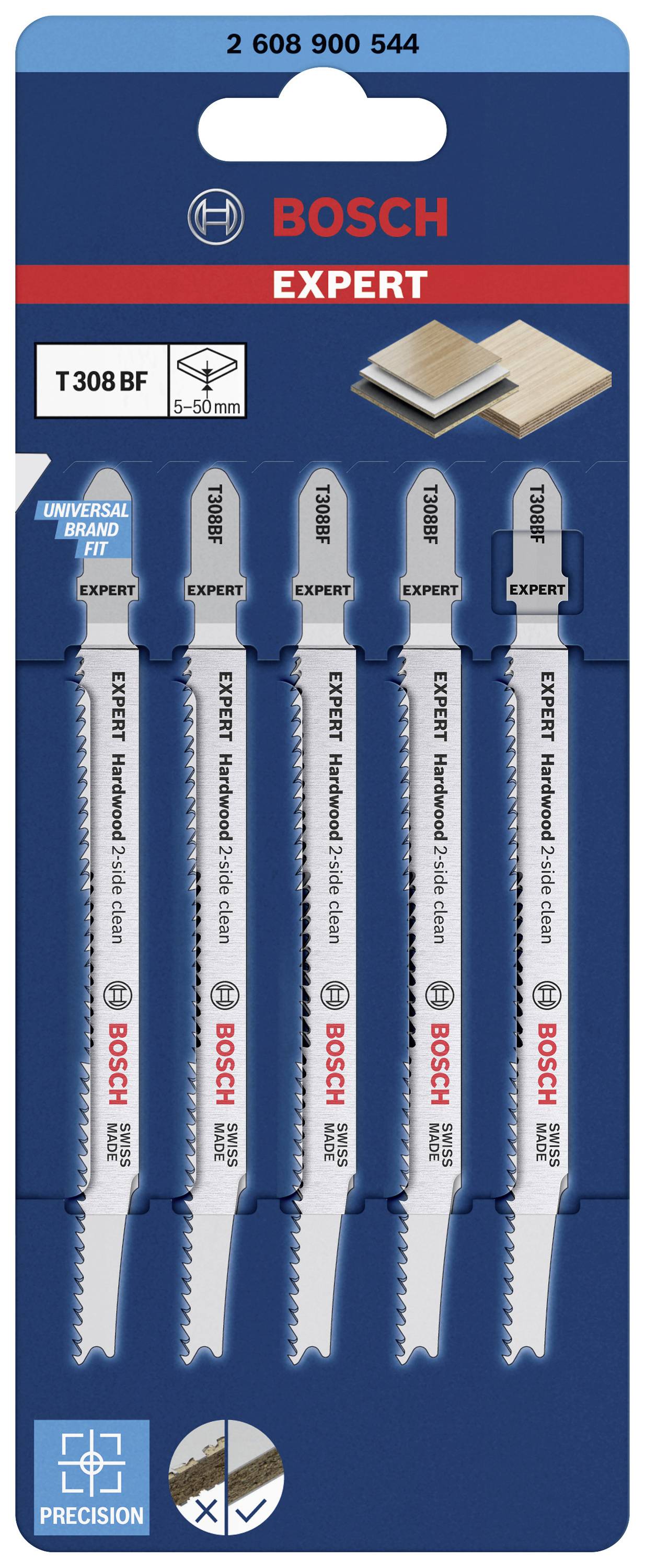 Sägeblätter der Marke Bosch Expert T308BF, fünf Stück, für Holzmaterialien von 5-50 mm, präzise Schnitte, geeignet für Stichsägen.