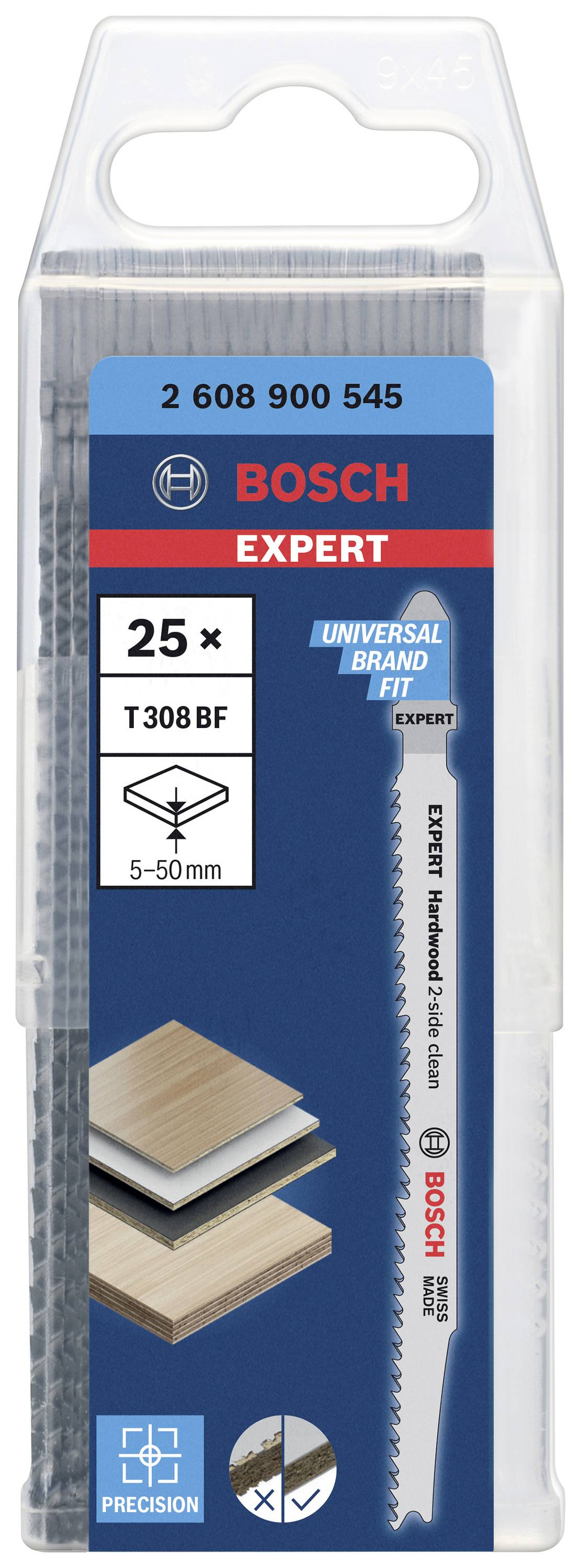 Verpackung von Bosch Expert Stichsägeblättern T308 BF, passend für Holz und Kunststoff, enthält 25 Stück mit Universalhalterung.