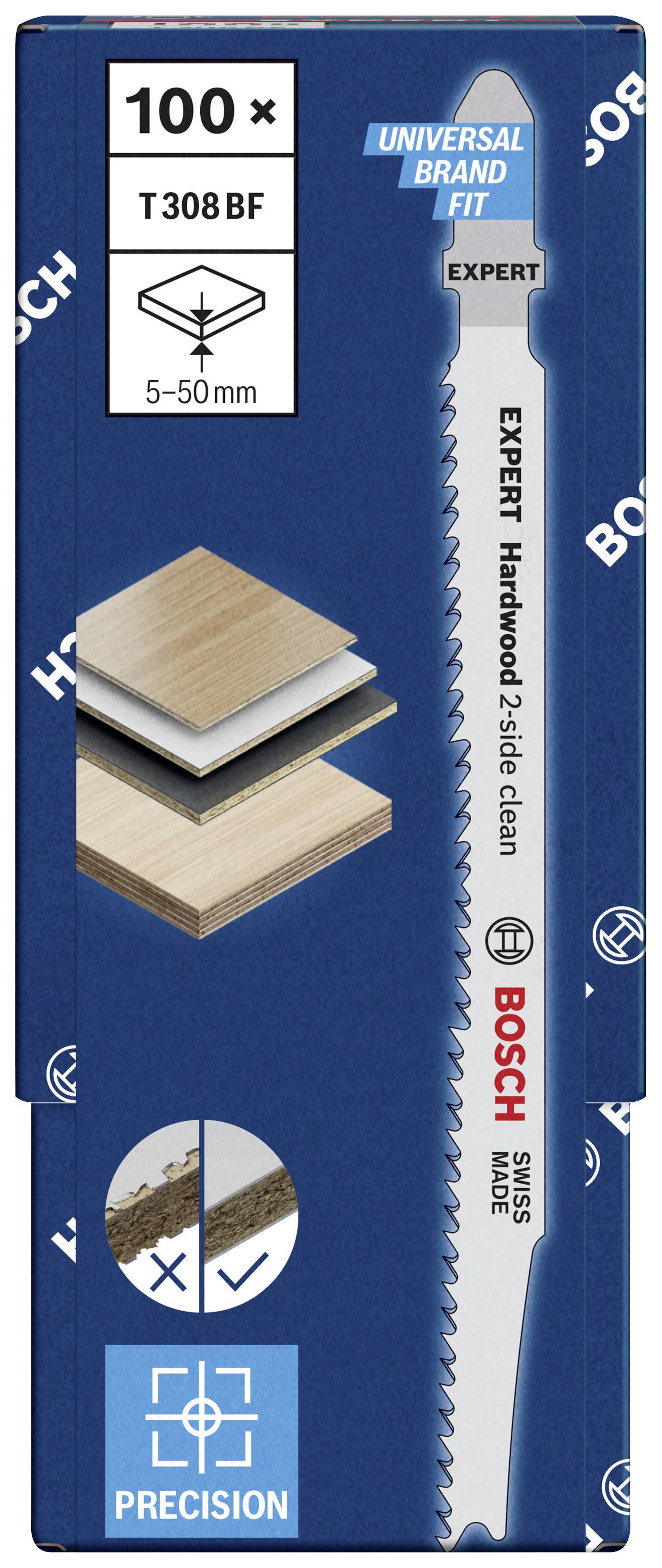 Bosch Stichsägeblatt für Holzarbeiten, geeignet für 5-50 mm Tiefe. Verpackung zeigt das Sägeblatt und Anwendungshinweise.