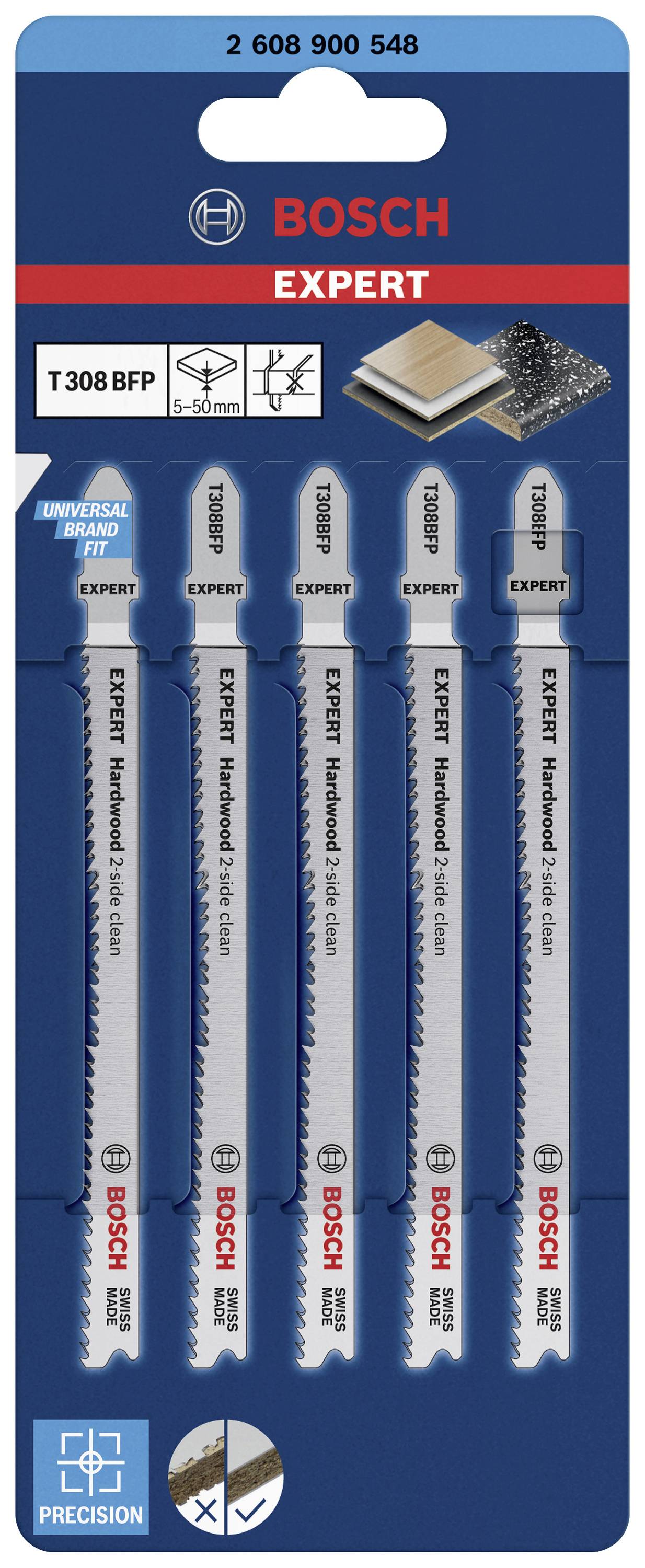 Bosch Accessories 2608900548 EXPERT ‘Hardwood 2-side clean’ T 308 BFP Stichsägeblatt, 5 Stück 5St.