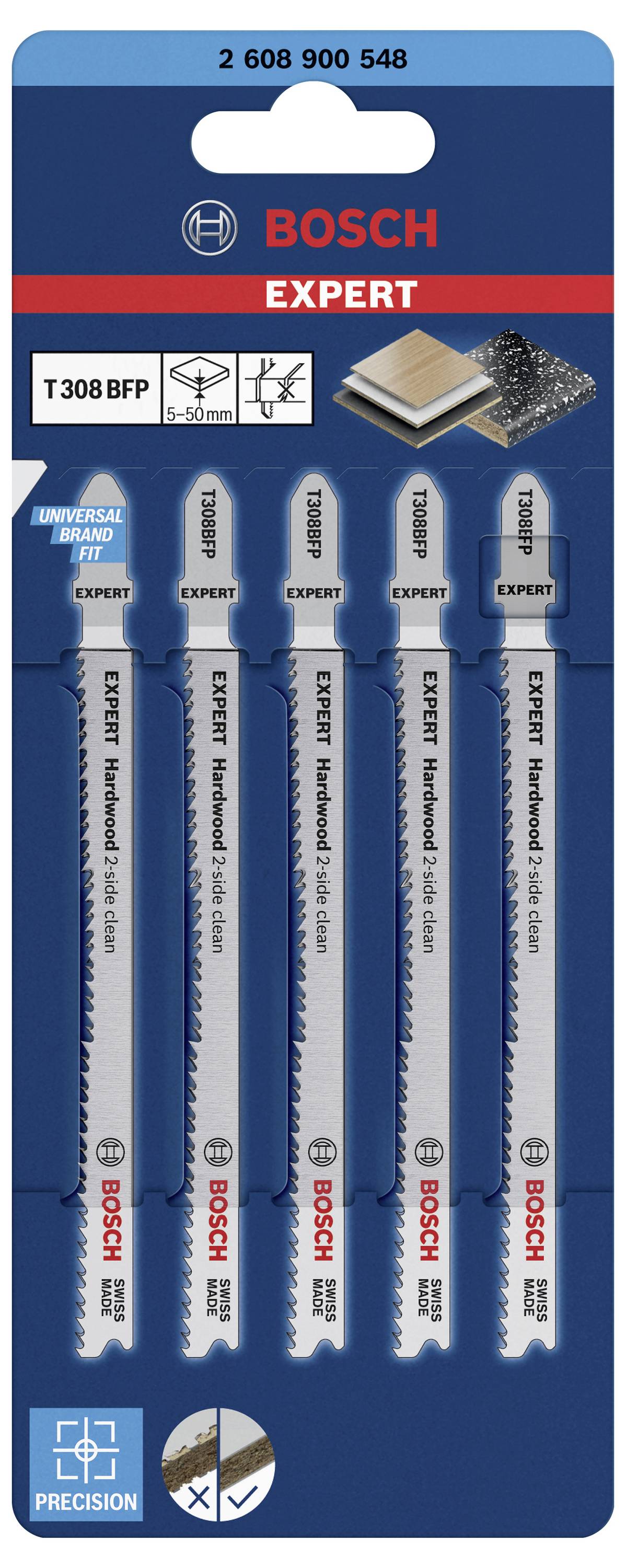 Bosch Accessories 2608900548 EXPERT ‘Hardwood 2-side clean’ T 308 BFP Stichsägeblatt, 5 Stück 5St.