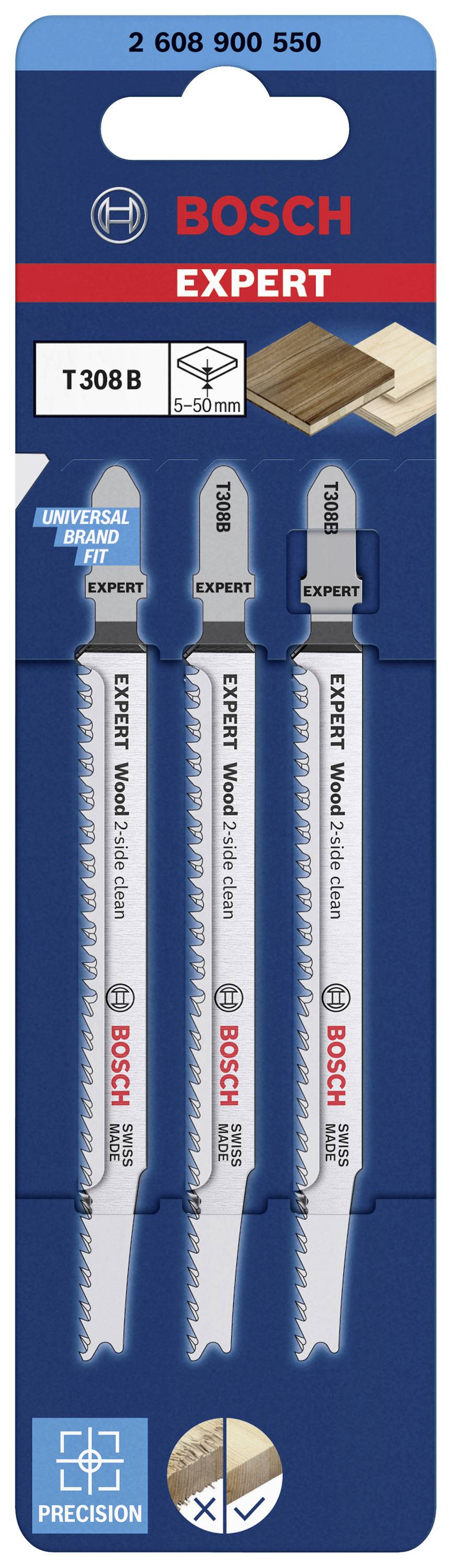 Verpackung von Bosch Expert Holz-Sägeblättern, 3 Stück, Typ T308B, für Holzarbeiten. Enthält Symbole für Präzision und Anwendungshinweise.