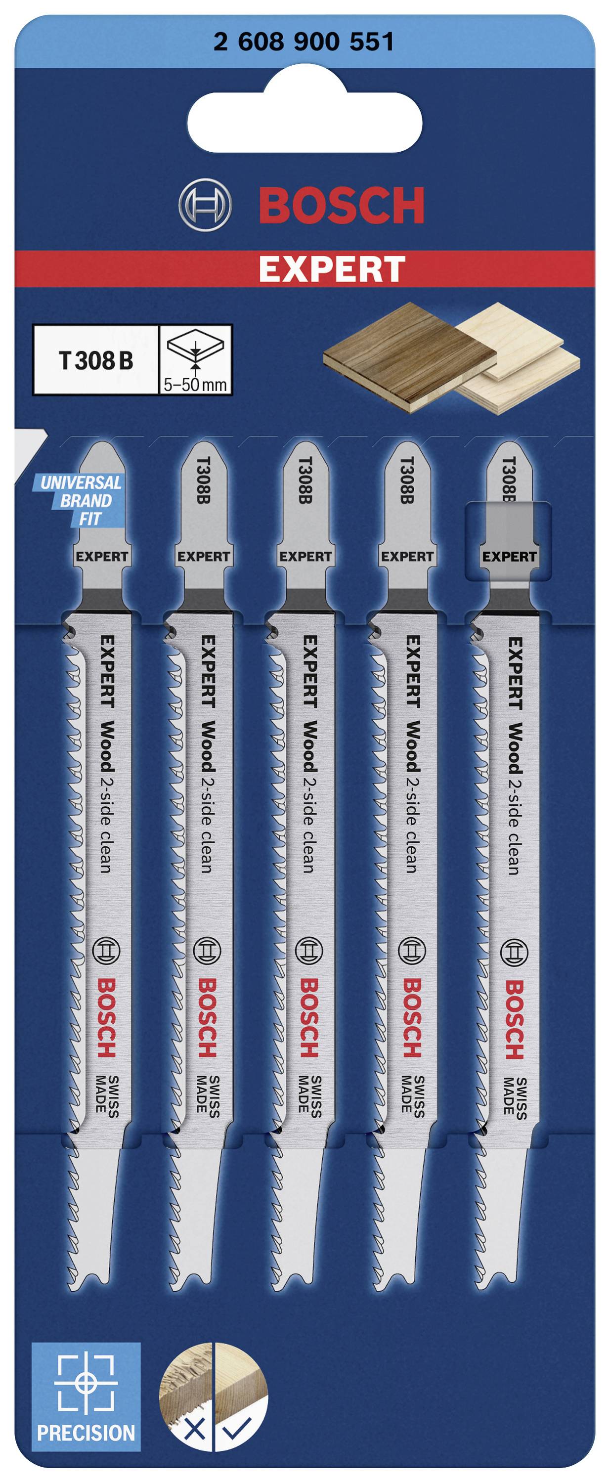 Sägeblätter-Set von Bosch für Holz, 5 Stück, UniversalFit, Marke und Modellnummer an der Verpackung.