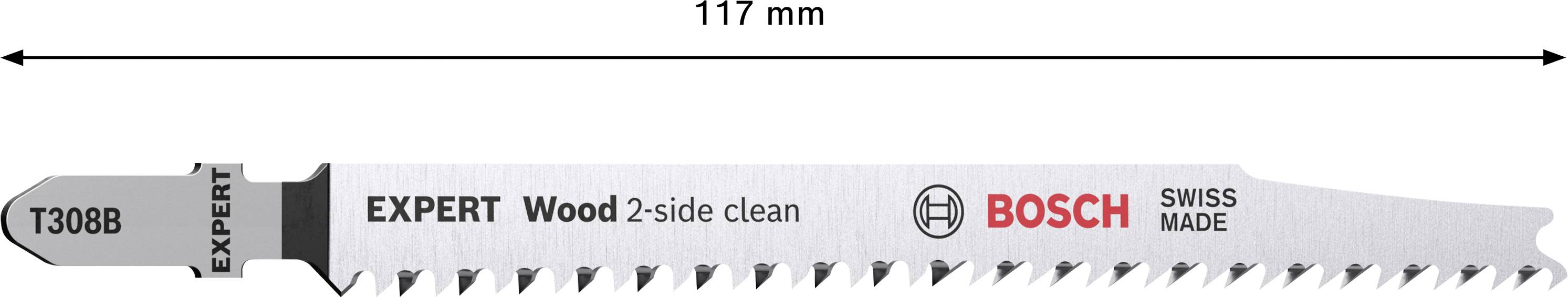 Säbelsägeblatt 'Bosch T308B' für Holz, 117 mm lang, mit 'Expert' Kennzeichnung; zweiseitige, saubere Schneide.