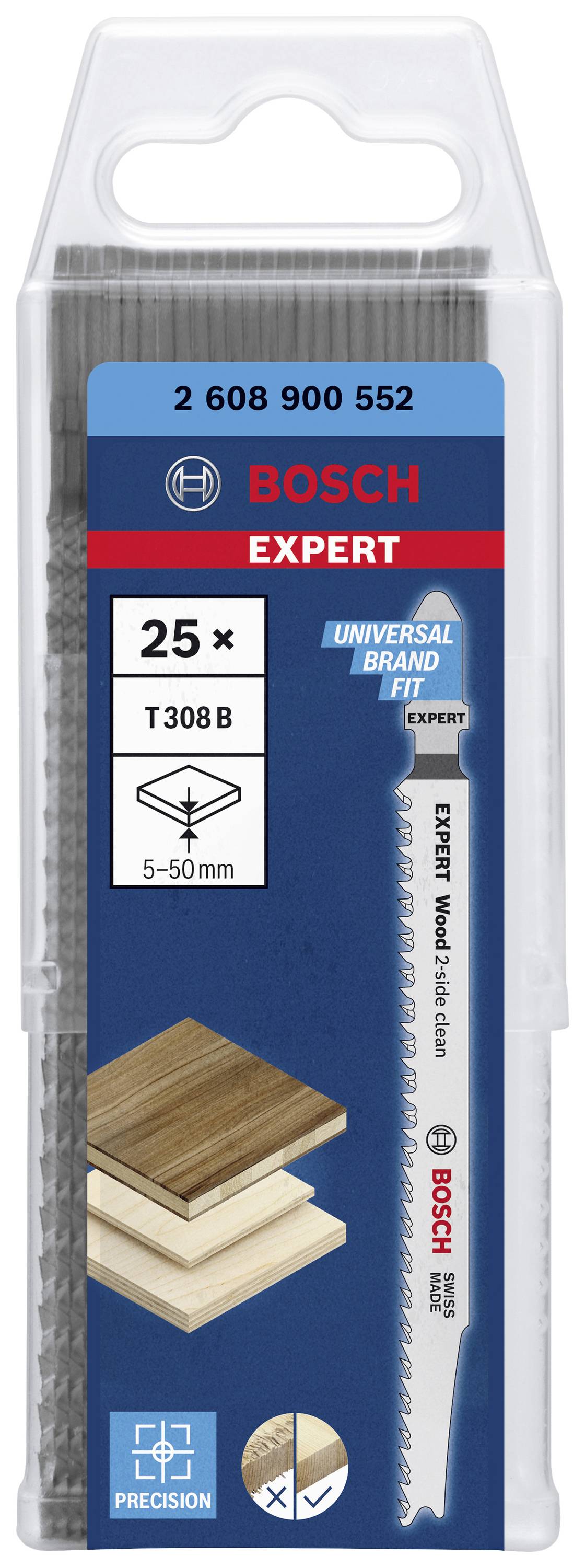 Sägeblattpackung von Bosch 'Expert' für Holz. Enthält 25 Stück, Typ T308 B, geeignet für Schnitttiefen von 5-50 mm. Verpackung zeigt Holzschnittbeispiele.