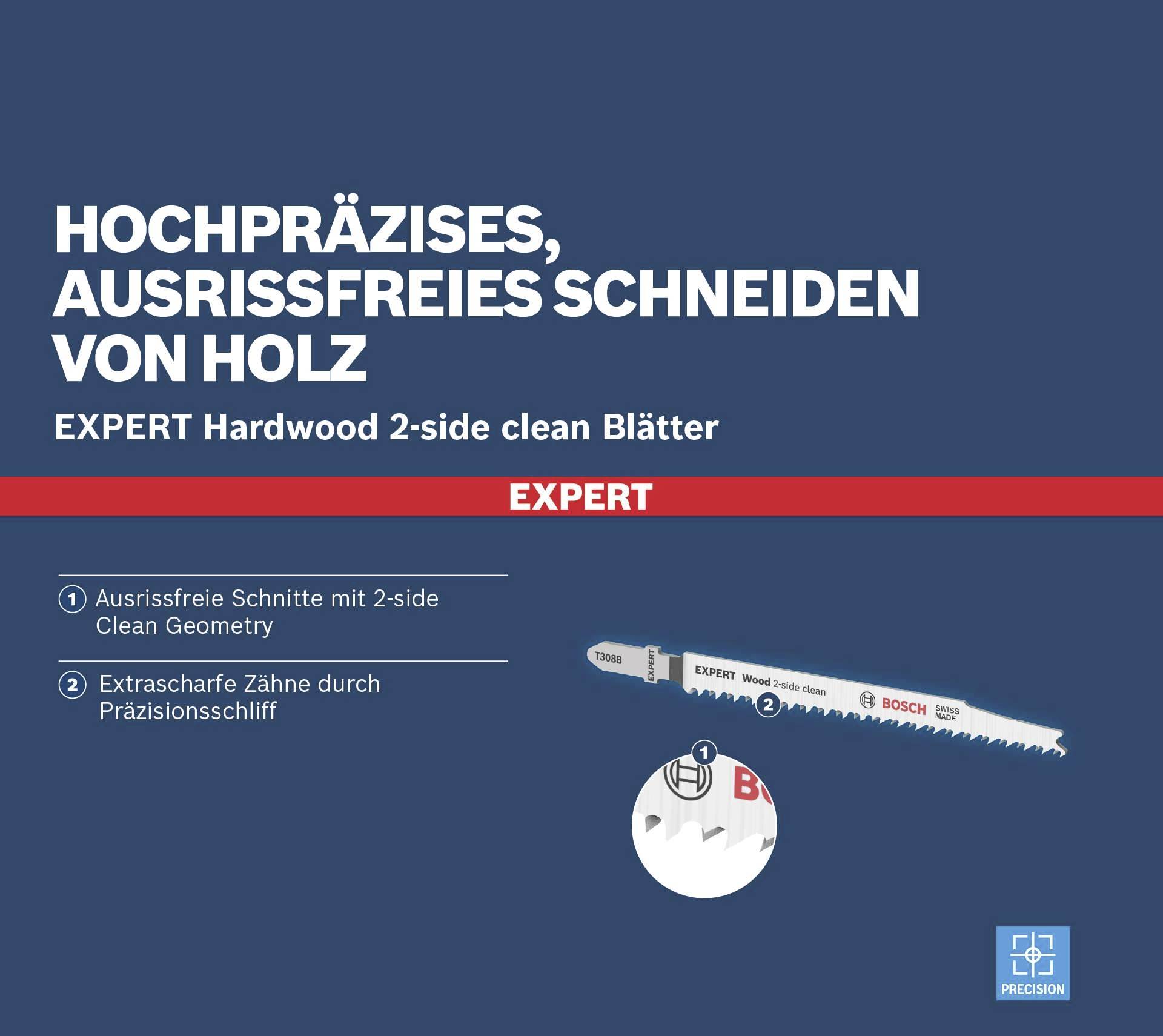 'EXPERT'-Sägeblatt für Holz: Hochpräzises, ausrissfreies Schneiden. Merkmale: Ausrissfreie Schnitte, extrascharfe Zähne.