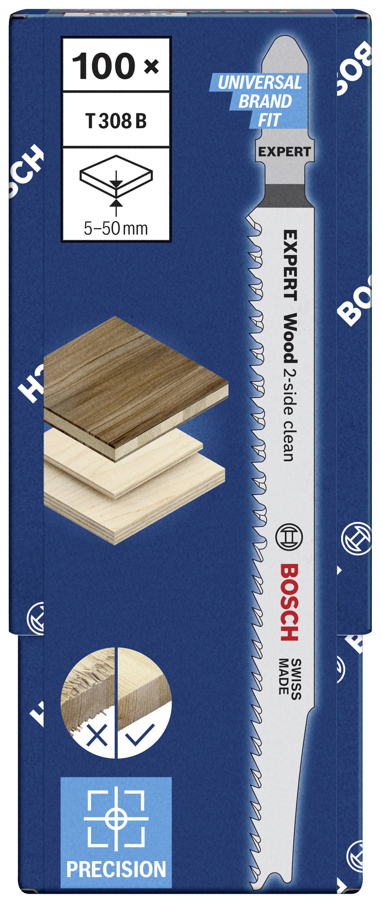 Stichsägeblatt für Holz, Bosch Marke, Modell T 308 B, geeignet für 5-50 mm dickes Holz, Bild zeigt Verpackung und Sägeblattansicht.