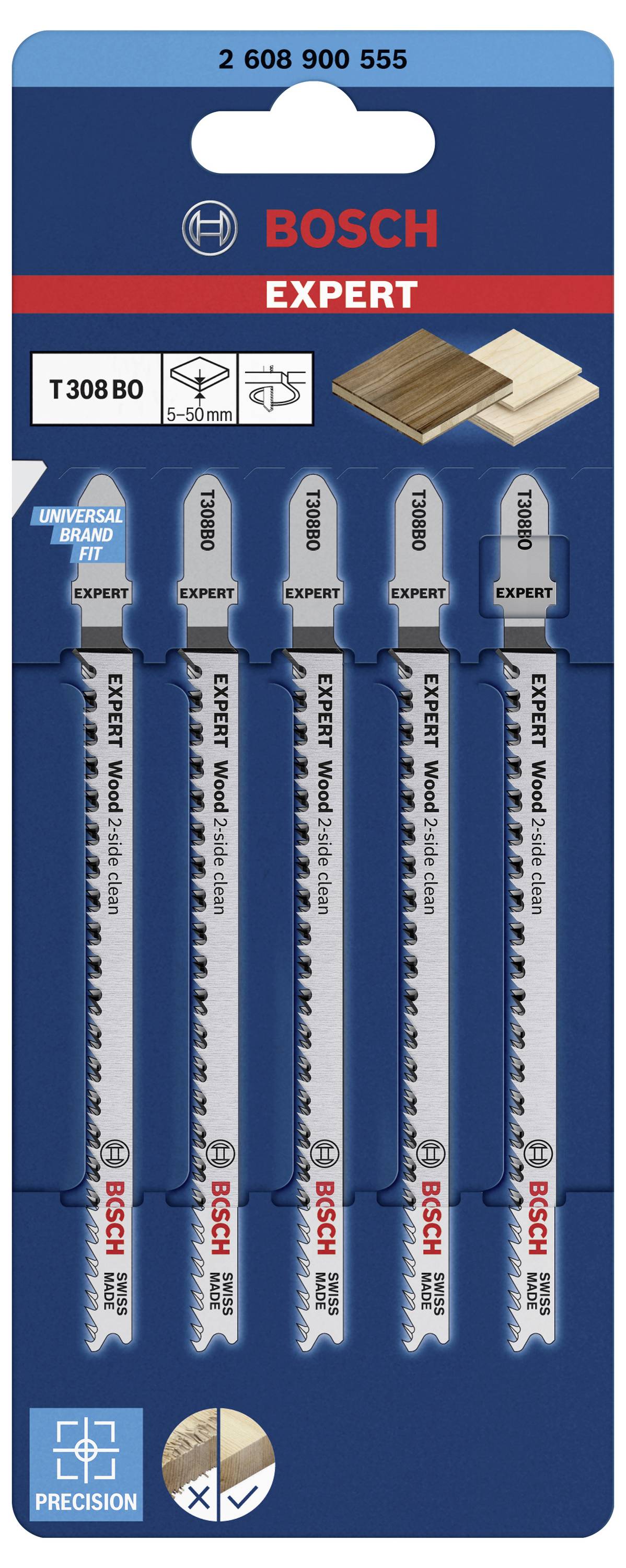 Bosch Accessories 2608900555 EXPERT ‘Wood 2-side clean’ T 308 BO Stichsägeblatt, 5 Stück 5St.