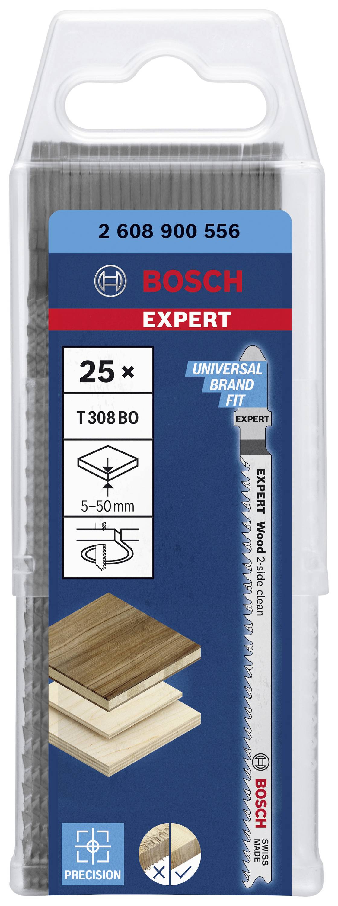 Verpackung von Bosch Stichsägeblättern 'Expert T308BO', geeignet für 5-50 mm Holz, universelle Passform, 25 Stück.