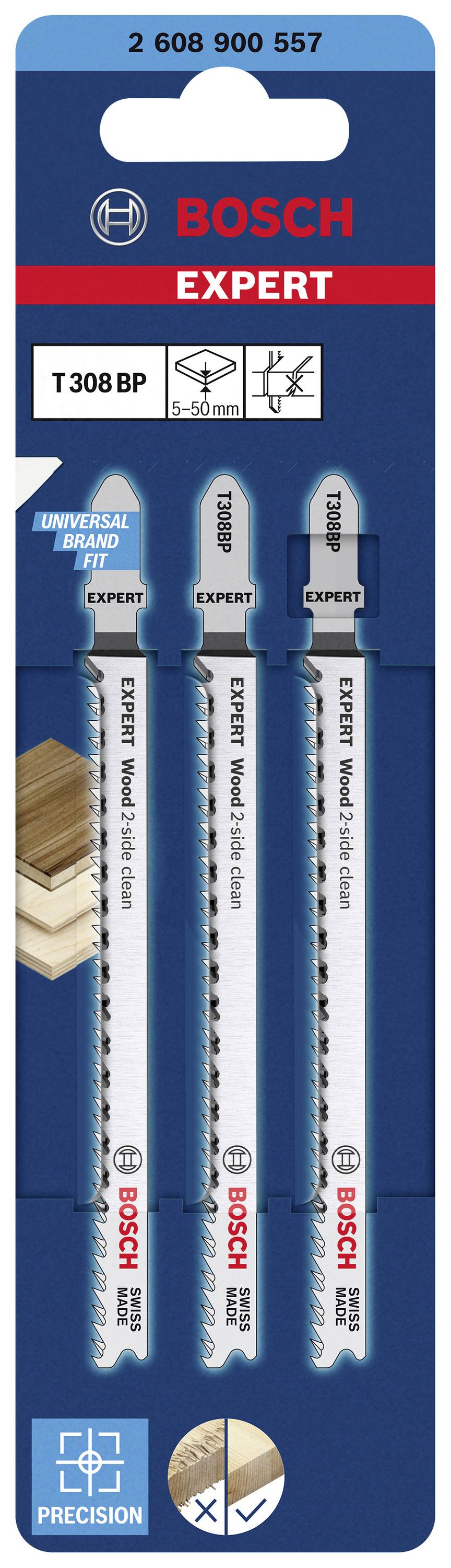 Satz von drei Bosch Expert Stichsägeblättern für Holz, Modell T 308 BP, geeignet für Präzisionsschnitte. Verpackung zeigt Anwendungssymbole.