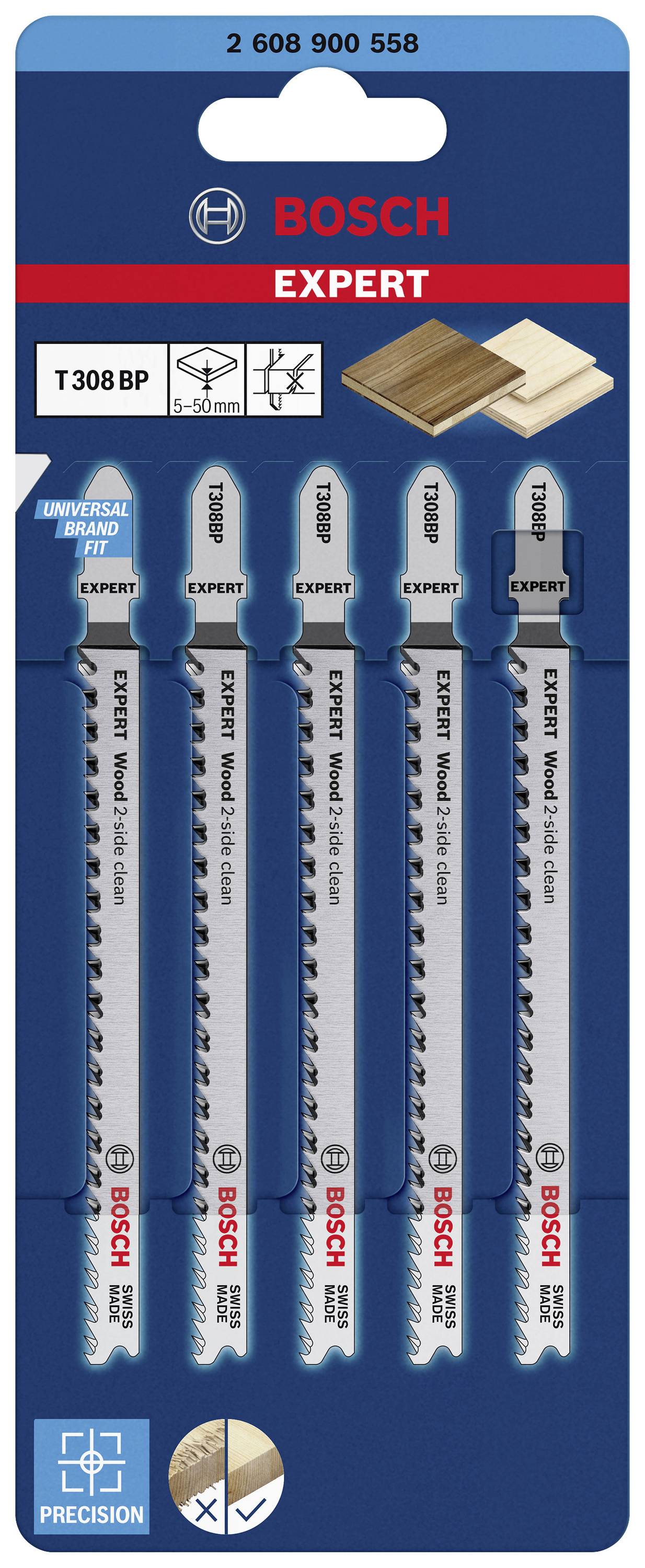 Fünf Stichsägeblätter von Bosch, Modell 'T 308 BP', für Holz, präzises Schneiden. Verpackung mit blauer Hintergrundfarbe.