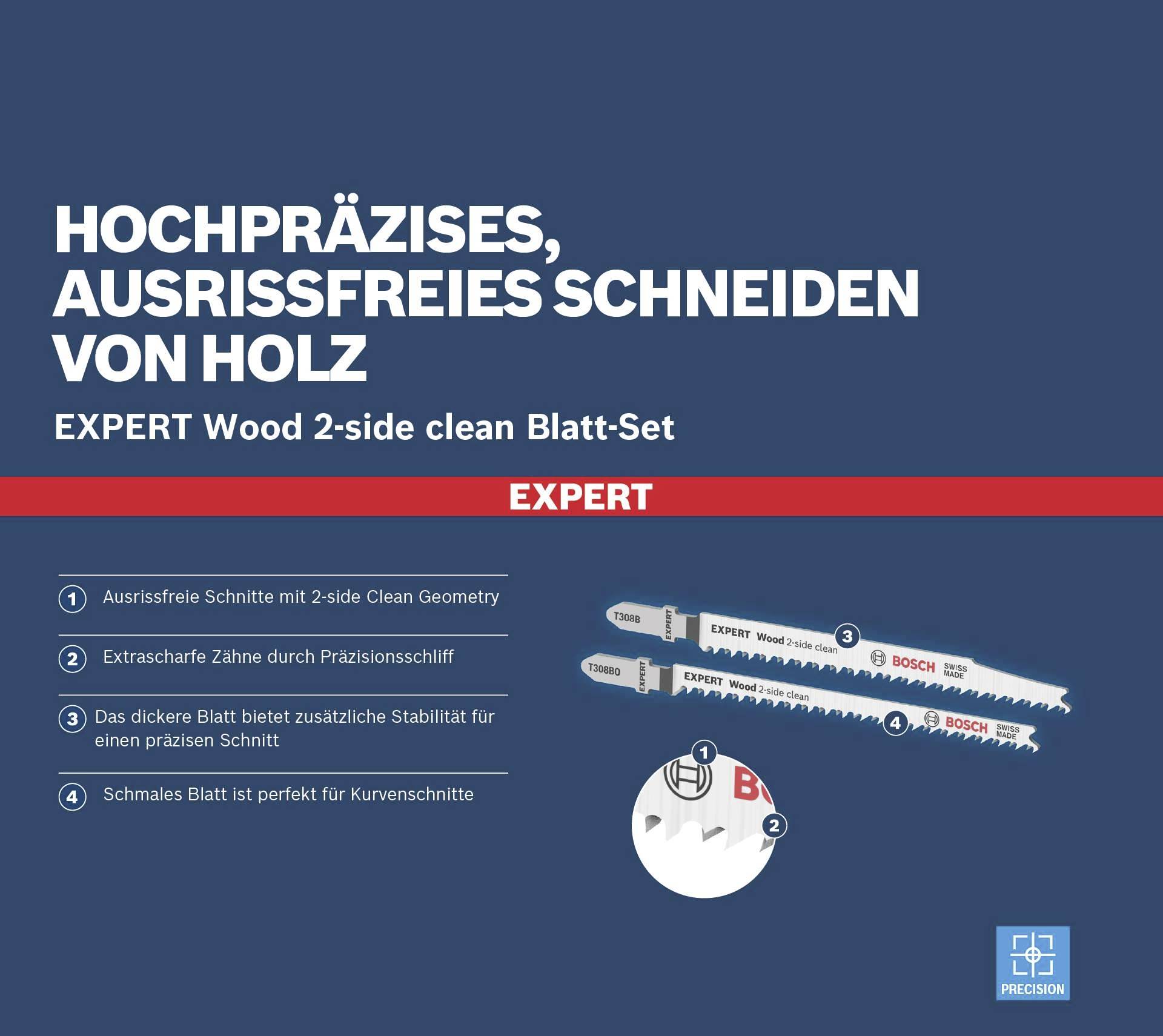 Bosch Accessories 2608900559 EXPERT ‘Wood 2-side clean‘ Stichsägeblatt-Set, 3-tlg., T308B/BO 3St.