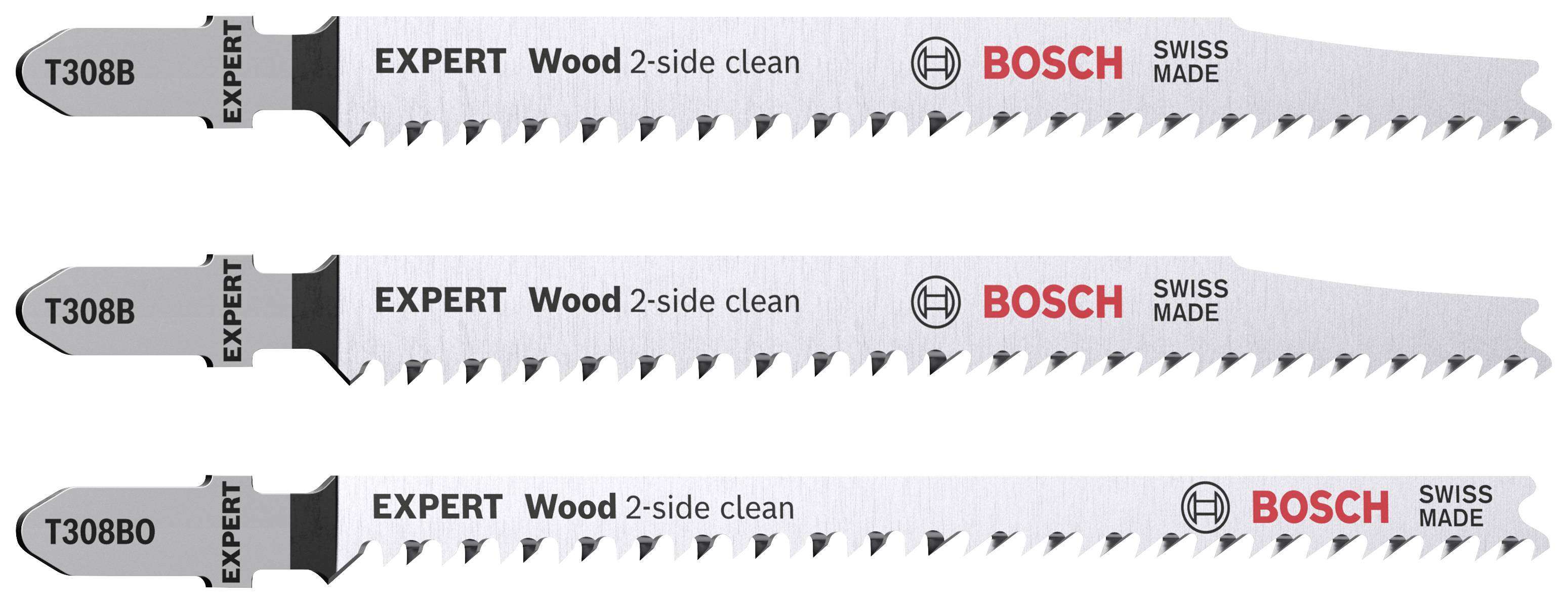 Drei Bosch-Sägeblätter für Holz, Beschriftung: 'EXPERT Wood 2-side clean', 'SWISS MADE', Modellnummer T308B0, zweiseitiger Schnitt.