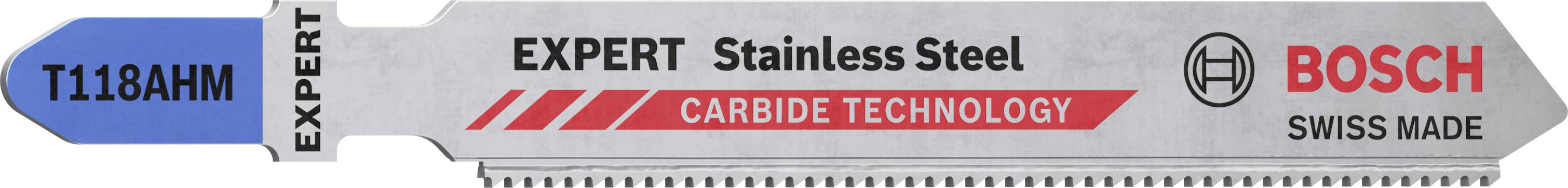 Sägeblatt mit Aufschrift 'EXPERT Stainless Steel', 'Carbide Technology', 'T118AHM', und 'BOSCH Swiss Made'. Geeignet für Metallarbeiten.