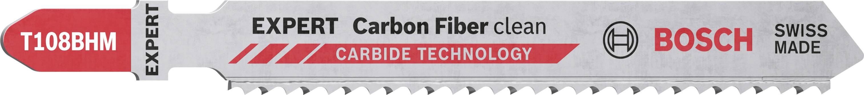 Sägeblatt von Bosch, mit der Aufschrift 'EXPERT Carbon Fiber clean', für präzises Schneiden von Kohlefaser. Hergestellt in der Schweiz.