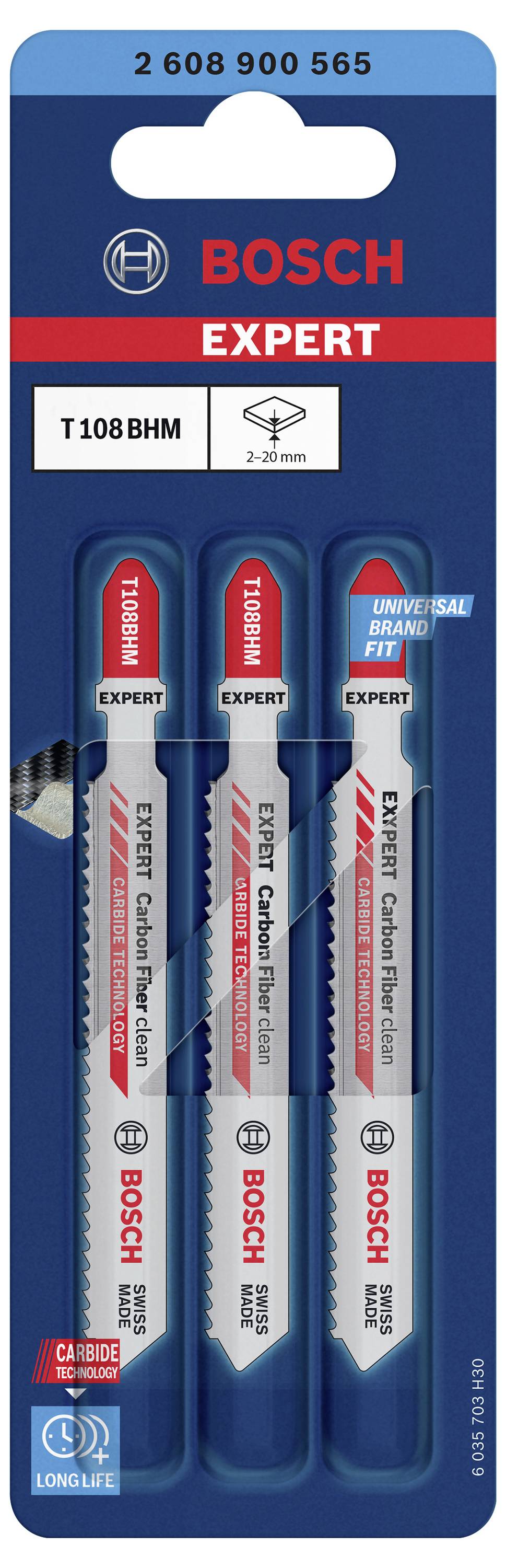 Drei Expert T 108 BHM Stichsägeblätter von Bosch, geeignet für Holz und Laminat. Verpackung mit den Maßen und Spezifikationen oben.