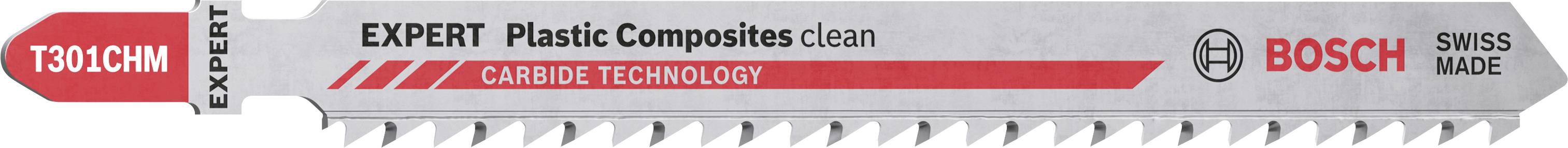 Stichsägeblatt mit Aufschrift 'Expert Plastic Composites clean'. Markenname 'Bosch', Hinweis 'Swiss Made', geeignet für Kunststoff.