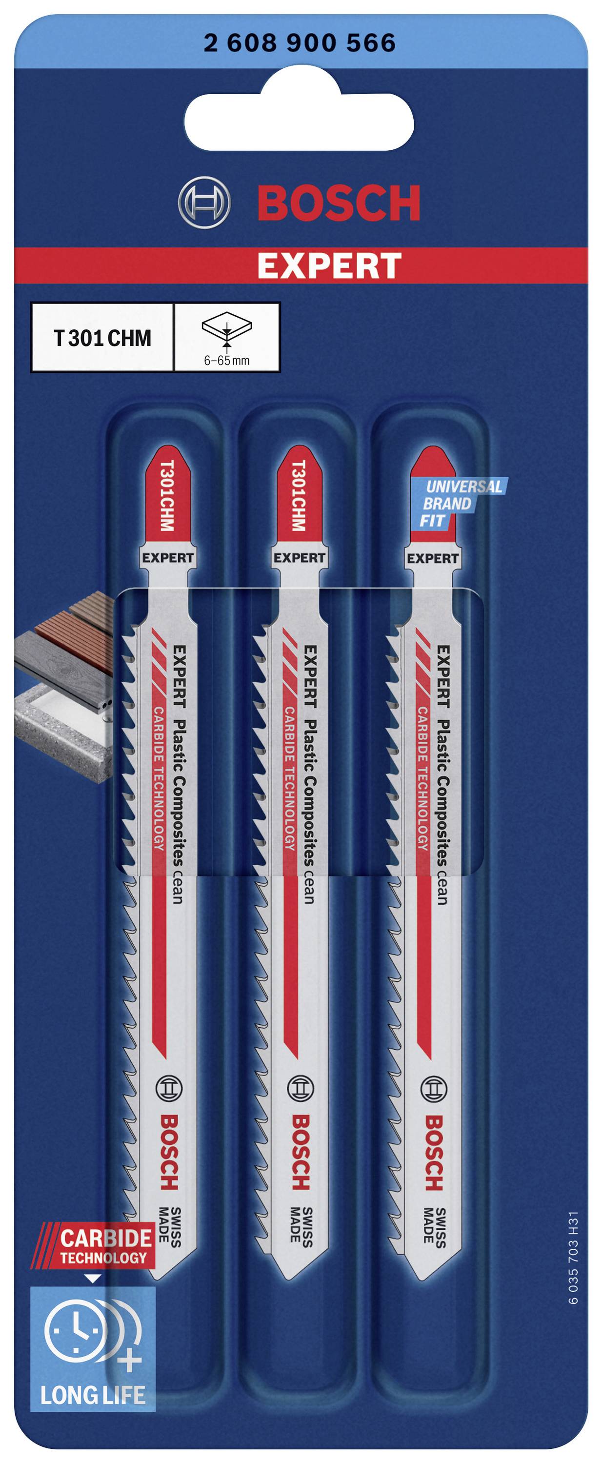 Drei Bosch Expert Sägeblätter im Blisterpack; Modell T301 CHM. Geeignet für Holzarbeiten. Lange Lebensdauer aufgrund von Hartmetall.
